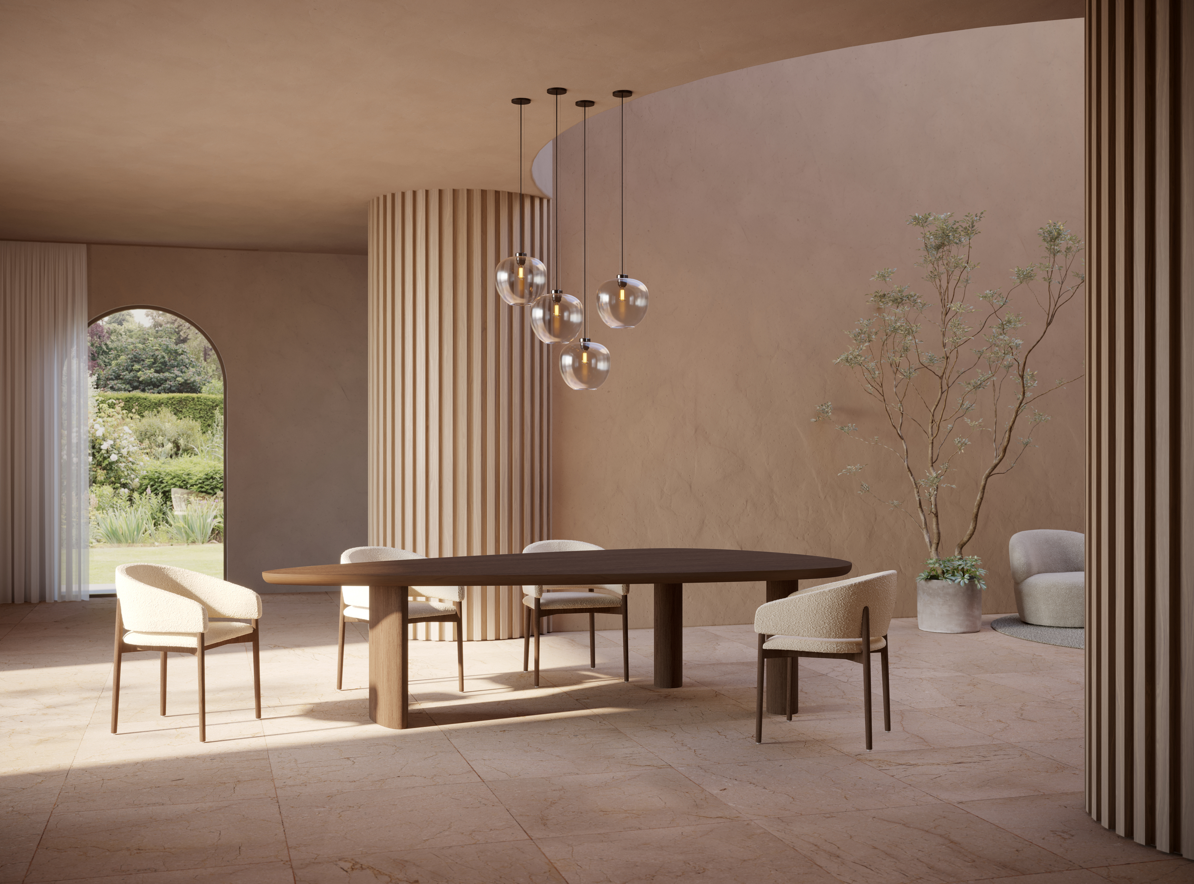 Eettafel Amato Ellipso/Rondo onderstel met plectrumvormig Amato blad in walnoot 300 x 155 x 79 cm