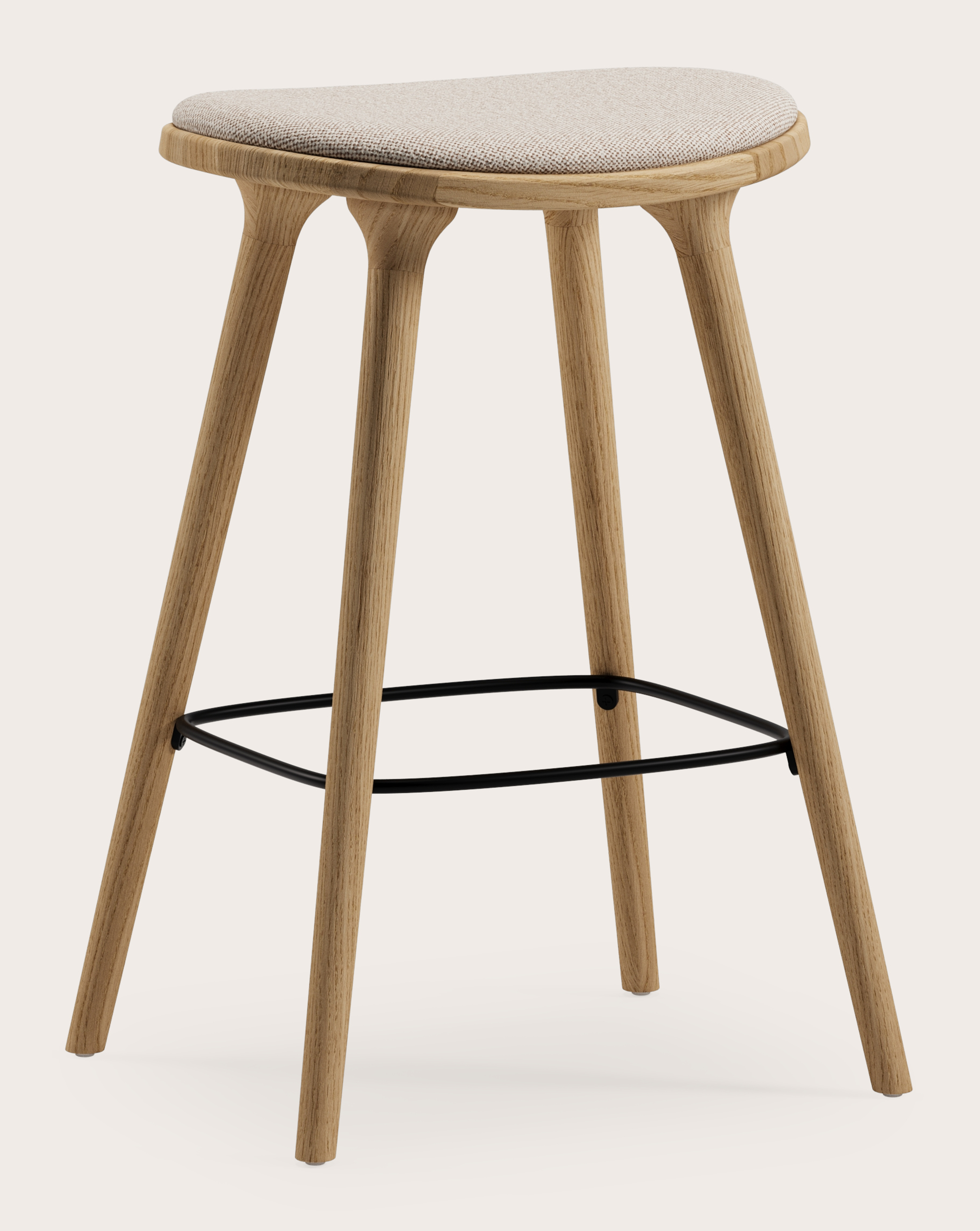 Tabouret de bar basse Olbia en chêne couleur naturelle massif avec assise en Brio tissu Beige
