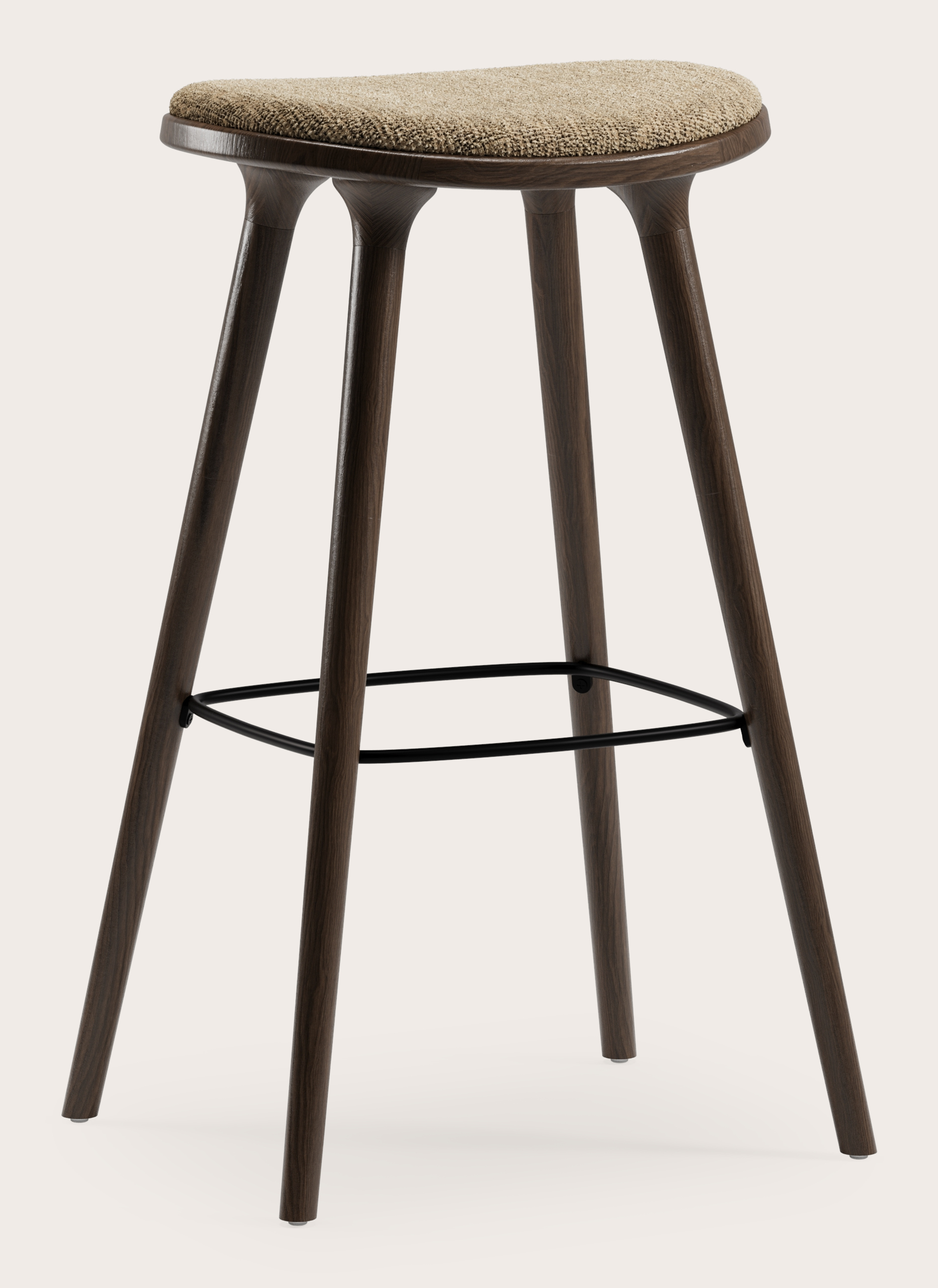 Olbia hoge barstoel in massieve gerookte eik met zitting in Poco stof Dark Taupe
