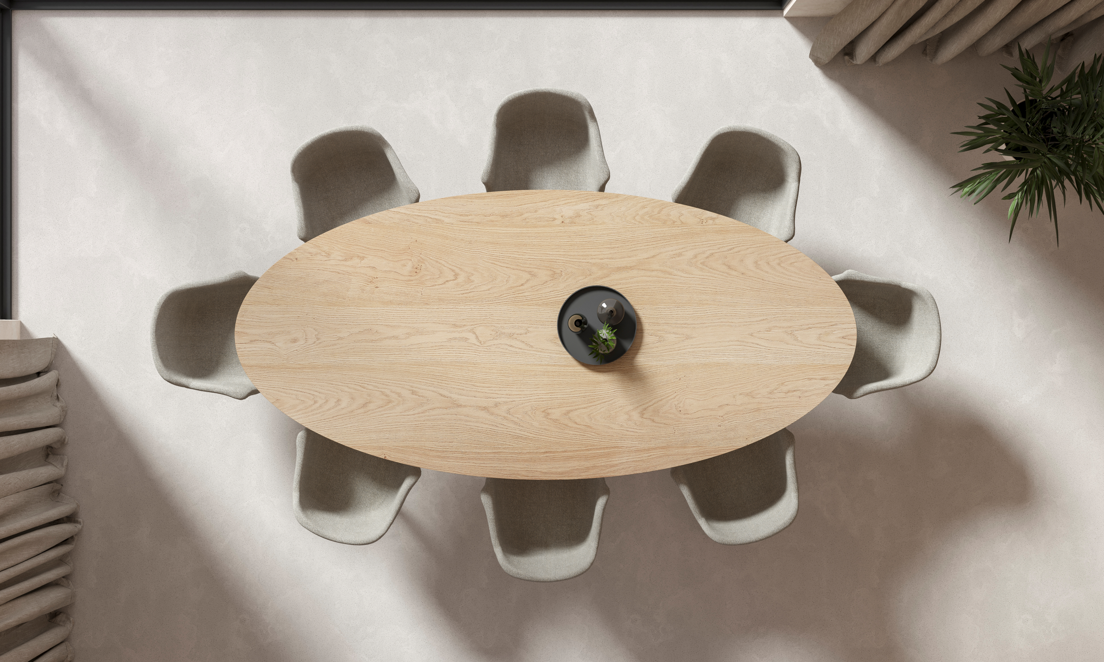 Eettafel Tiendo onderstel in zwart metaal met ovaal Finesso blad in natuurkleurige eik 300 x 140 x 77 cm