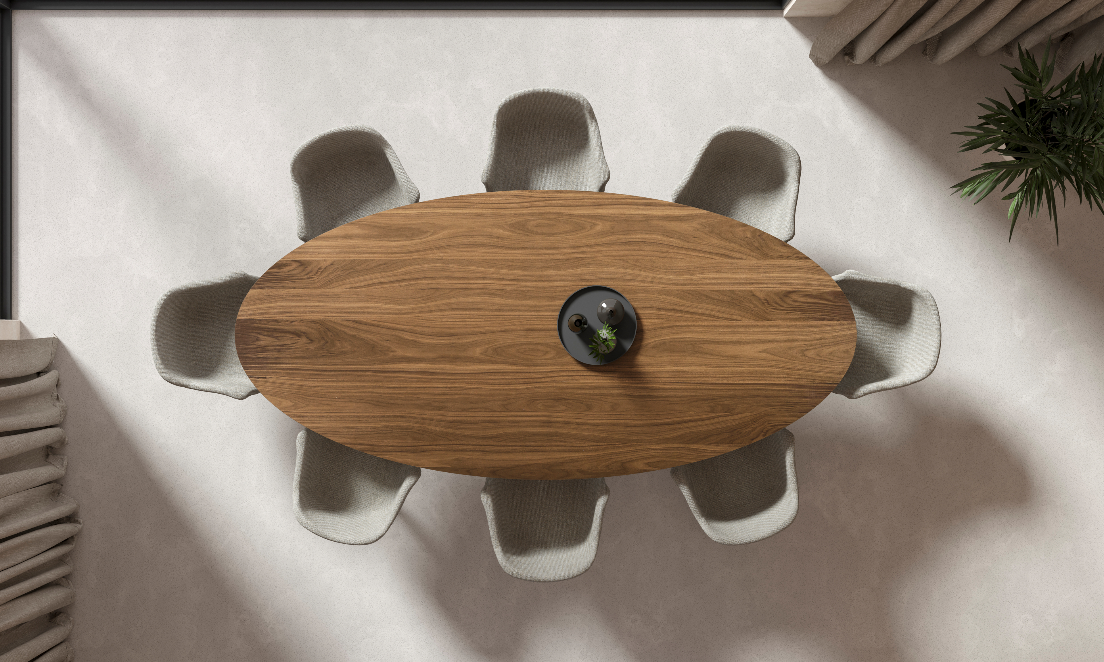 Table de salle à manger Tiendo armature in walnoot met ovaal Finesso blad in walnoot 300 x 140 x 76 cm