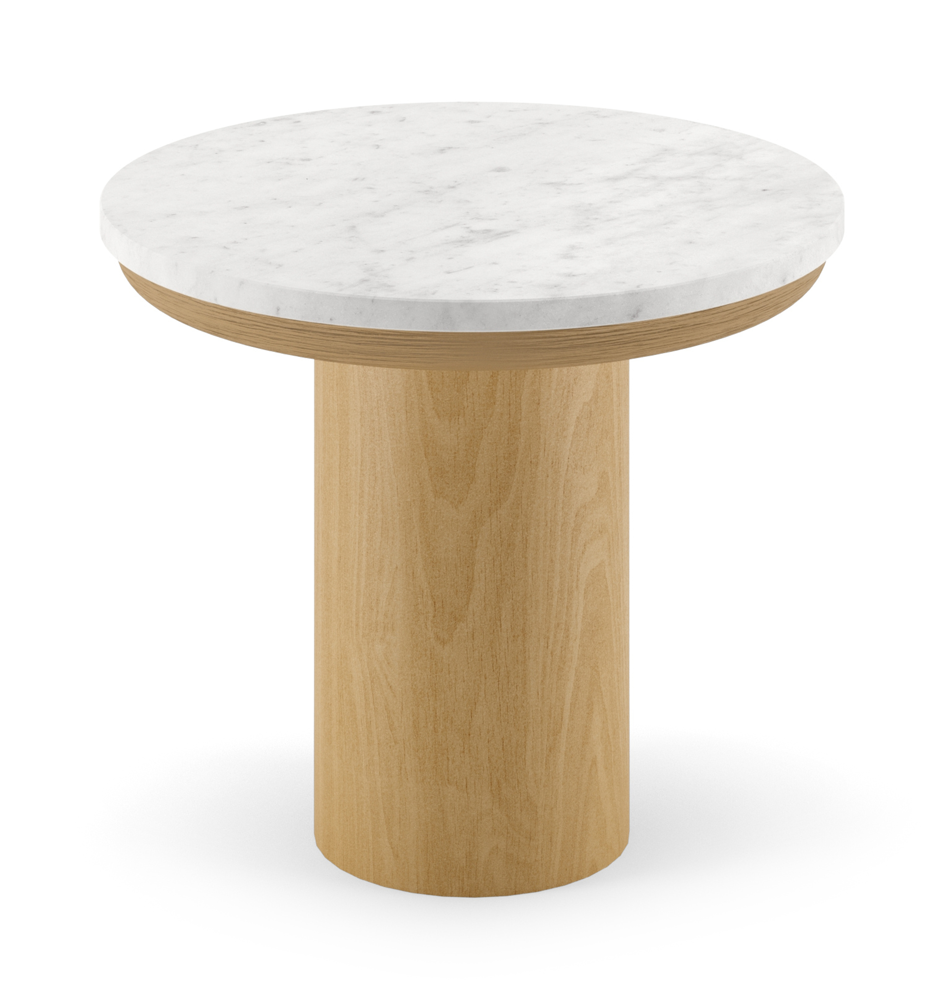 Bijzettafel Amato Rondo Small onderstel in natuurkleurige eik met rond Pietro blad in marmer kleur Bianco Carrara Ø 40 x 35 cm