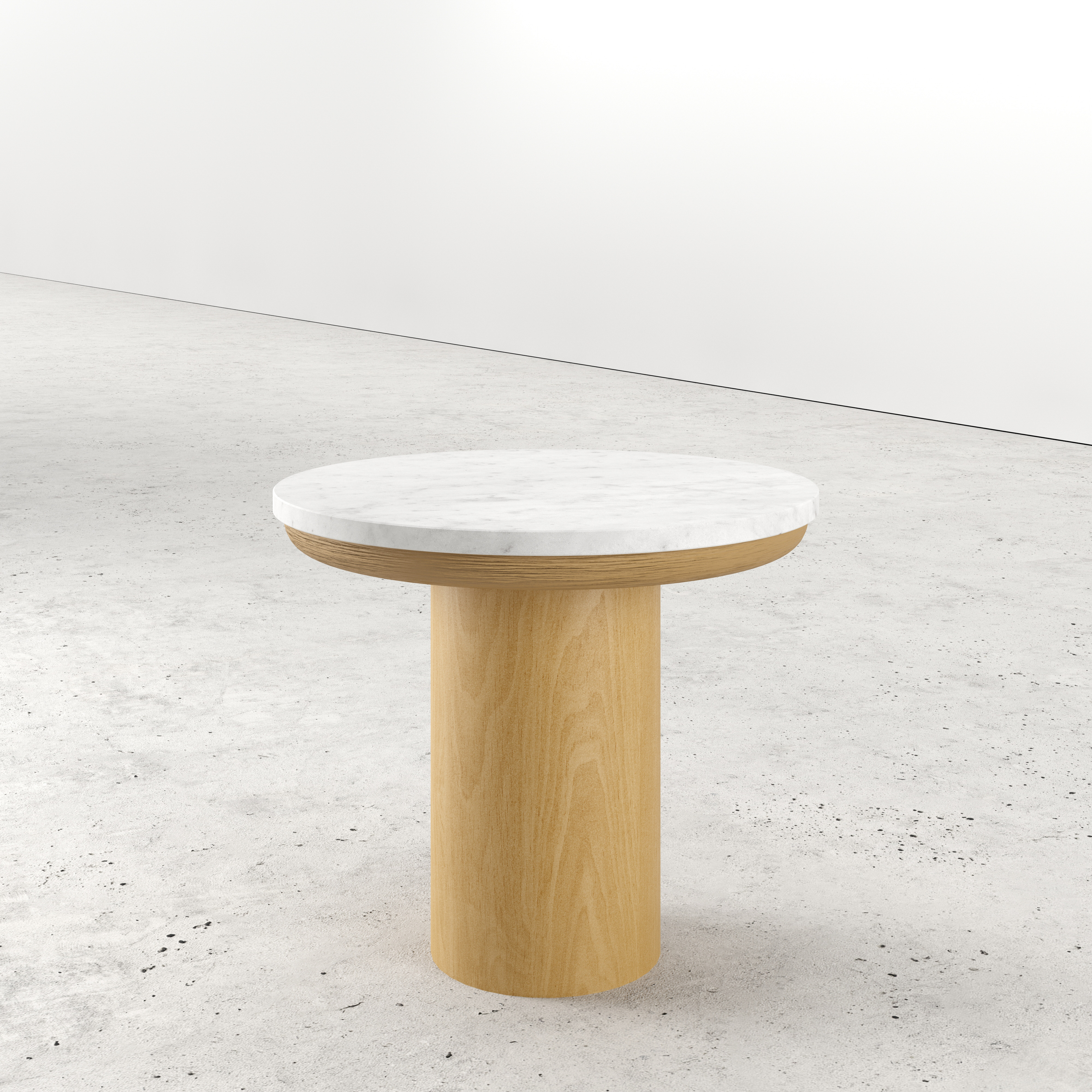 Bijzettafel Amato Rondo Small onderstel in natuurkleurige eik met rond Pietro blad in marmer kleur Bianco Carrara Ø 40 x 35 cm