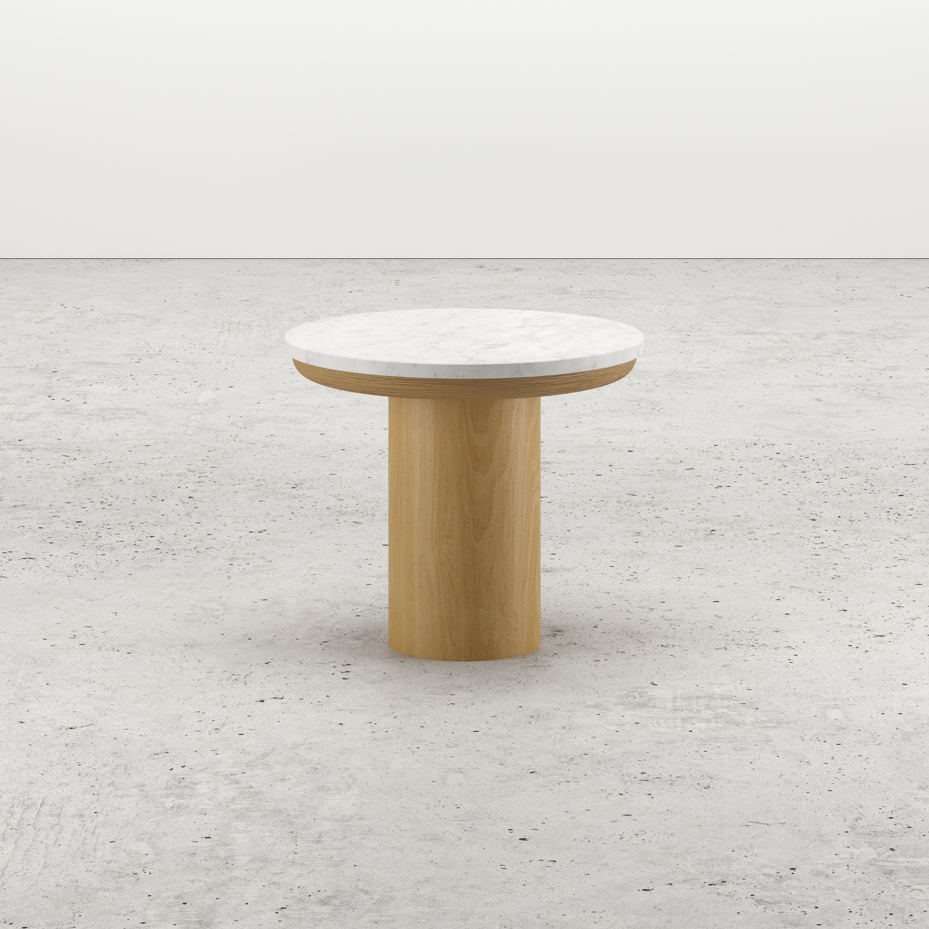 Bijzettafel Amato Rondo Small onderstel in natuurkleurige eik met rond Pietro blad in marmer kleur Bianco Carrara Ø 40 x 35 cm