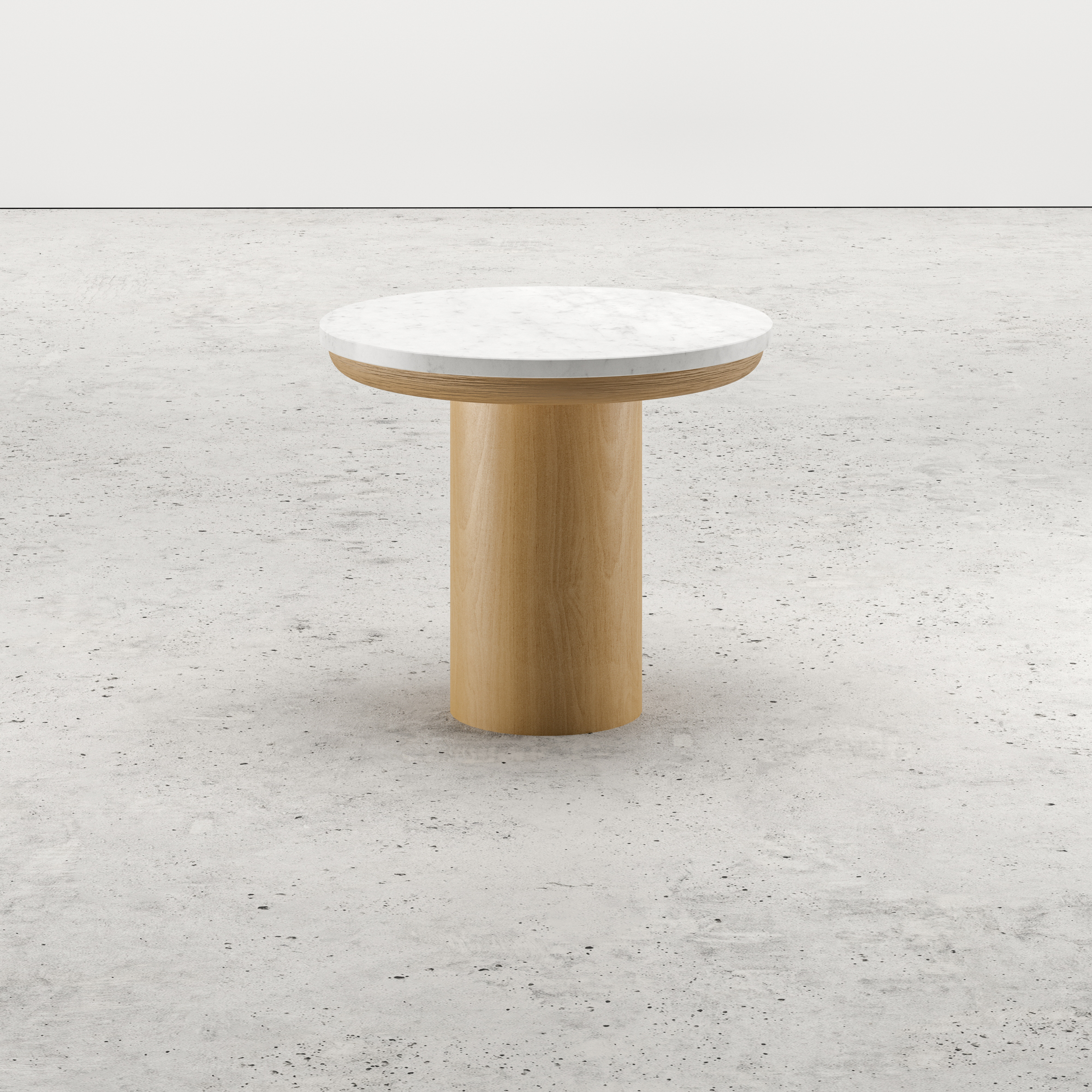 Bijzettafel Amato Rondo Small onderstel in natuurkleurige eik met rond Pietro blad in marmer kleur Bianco Carrara Ø 40 x 35 cm