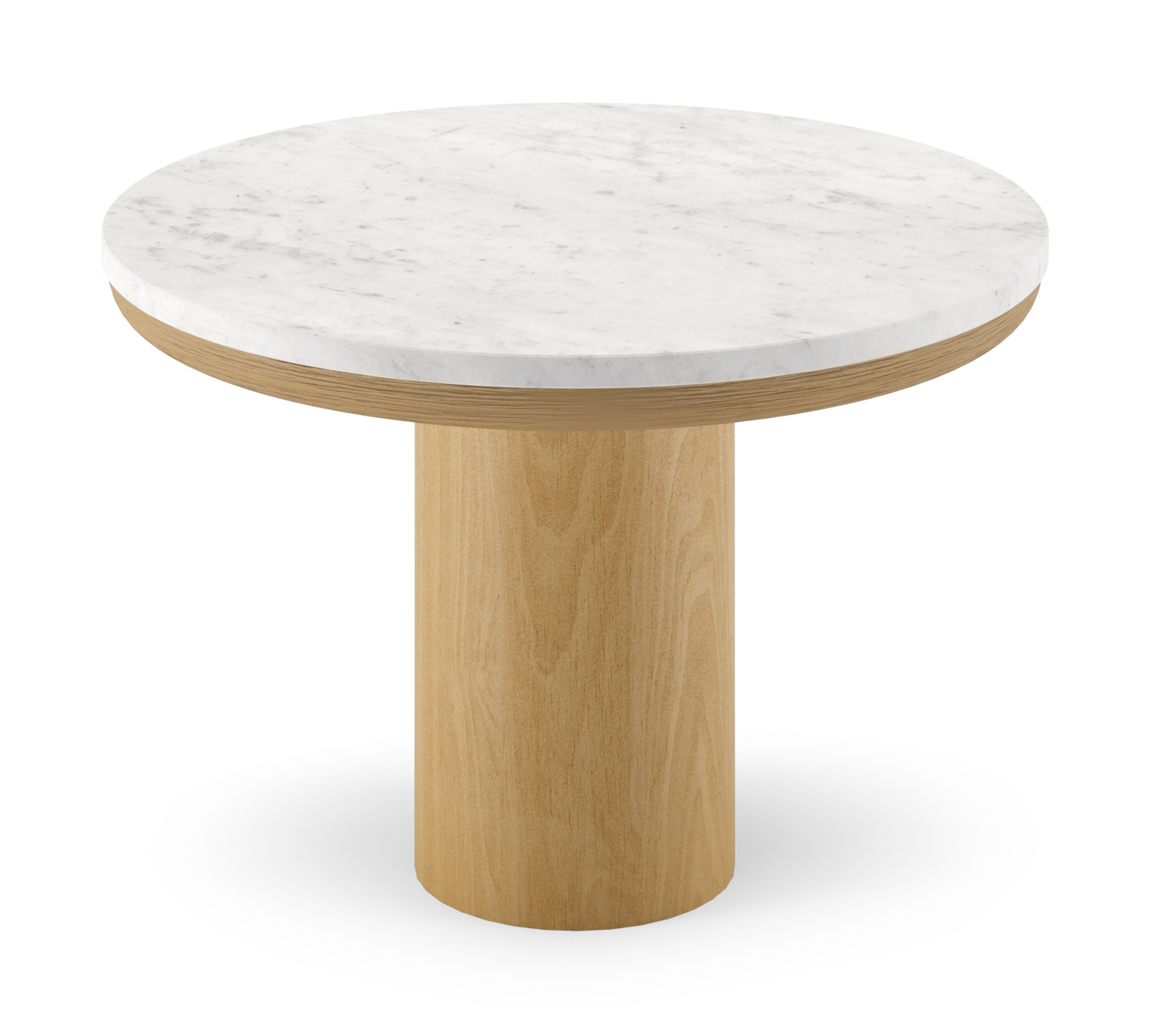 Table d'appoint Amato Rondo Small armature en chêne couleur naturelle avec plateau Pietro rond en marbre en couleur Bianco Carrara Ø 50 x 35 cm