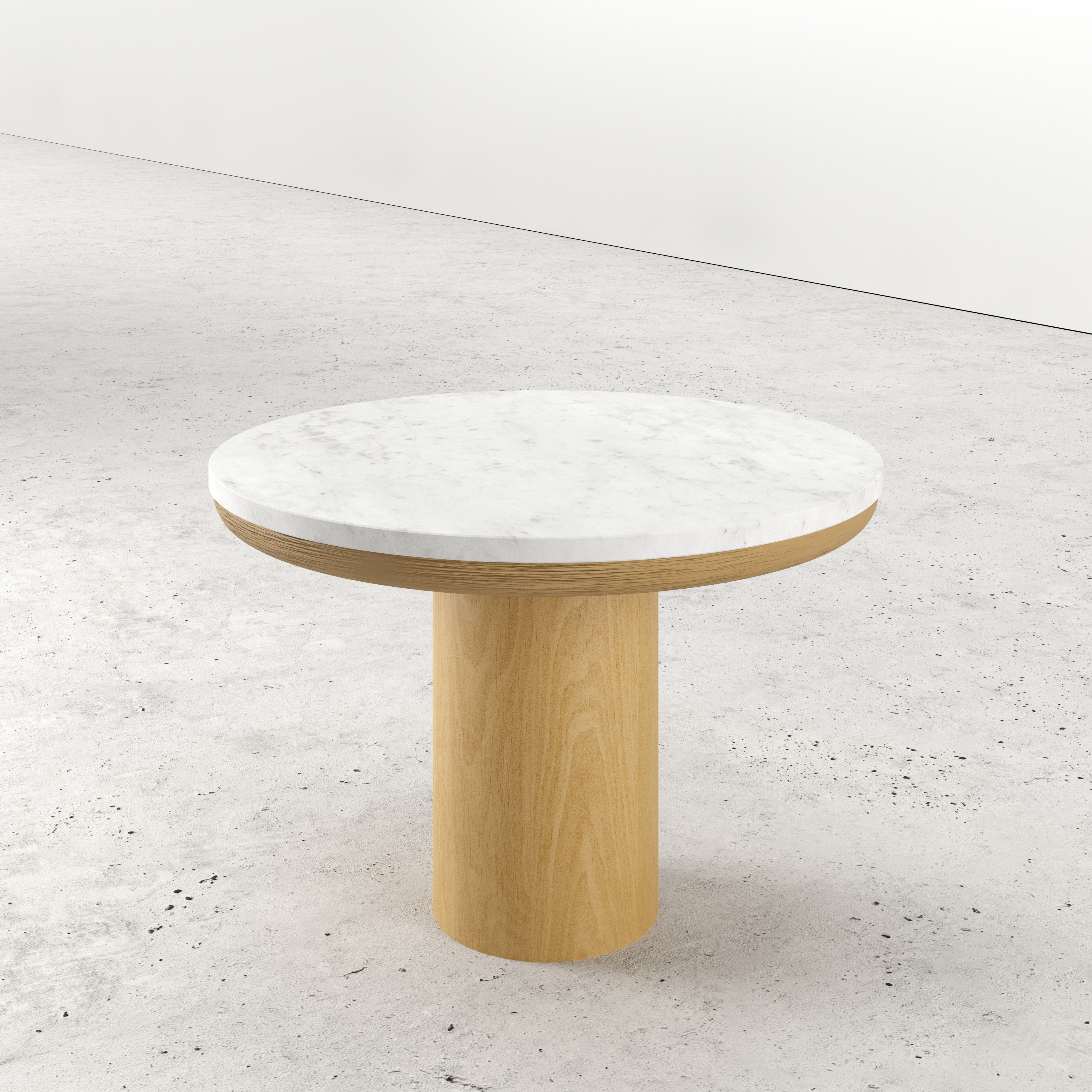 Table d'appoint Amato Rondo Small armature en chêne couleur naturelle avec plateau Pietro rond en marbre en couleur Bianco Carrara Ø 50 x 35 cm