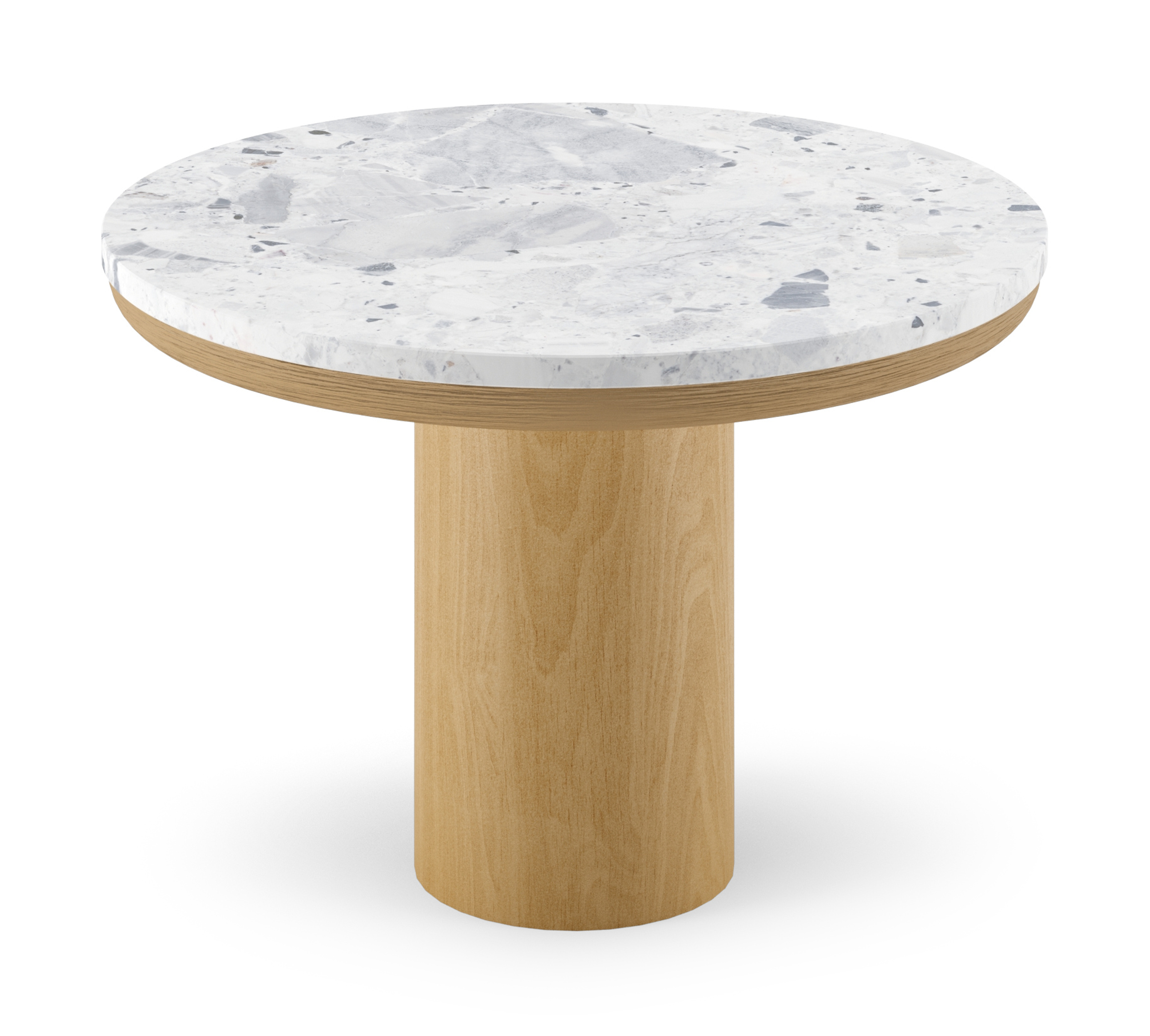 Bijzettafel Amato Rondo Small onderstel in natuurkleurige eik  met rond Pietro blad in marmer kleur Tundra Gold Ø 50 x 35 cm