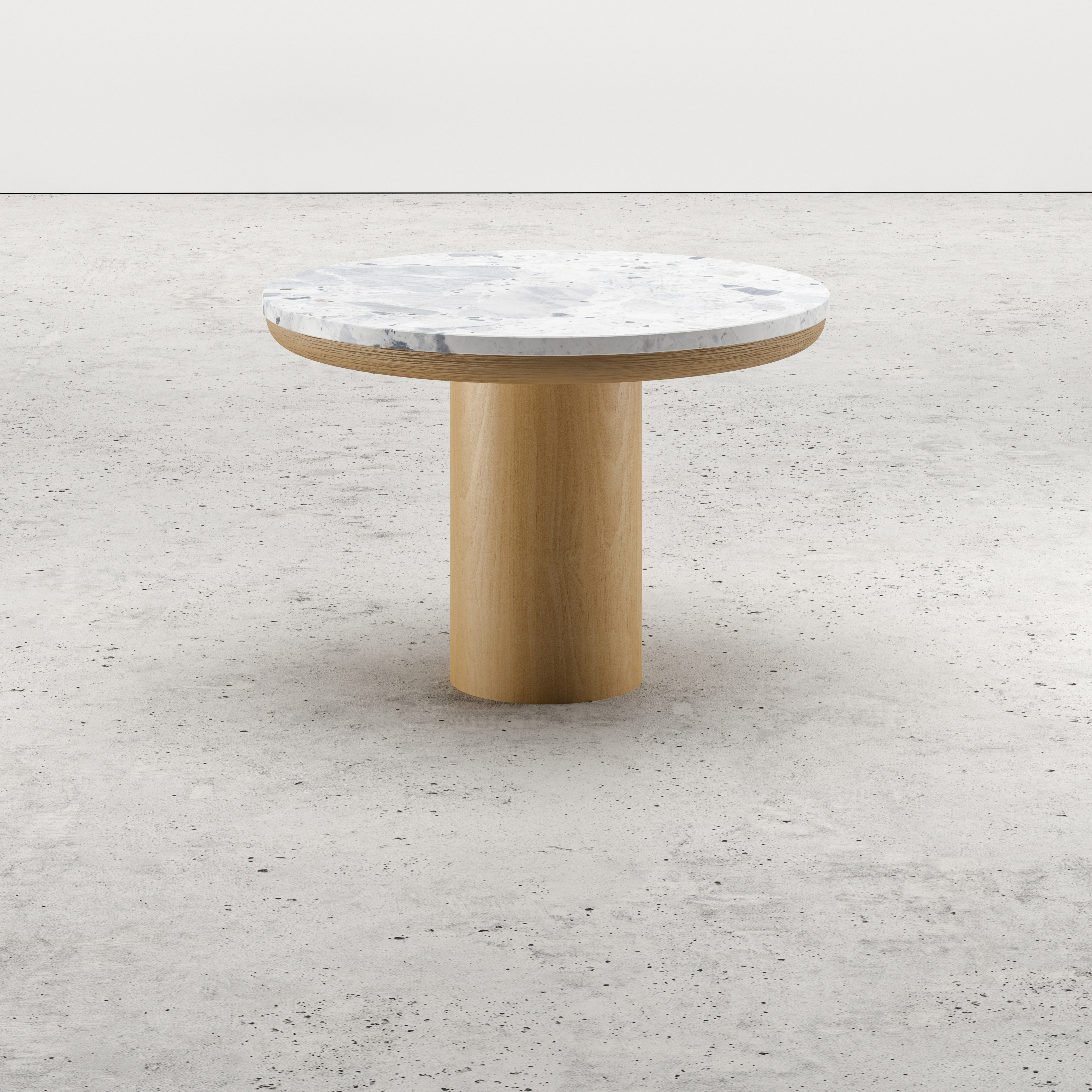 Bijzettafel Amato Rondo Small onderstel in natuurkleurige eik  met rond Pietro blad in marmer kleur Tundra Gold Ø 50 x 35 cm