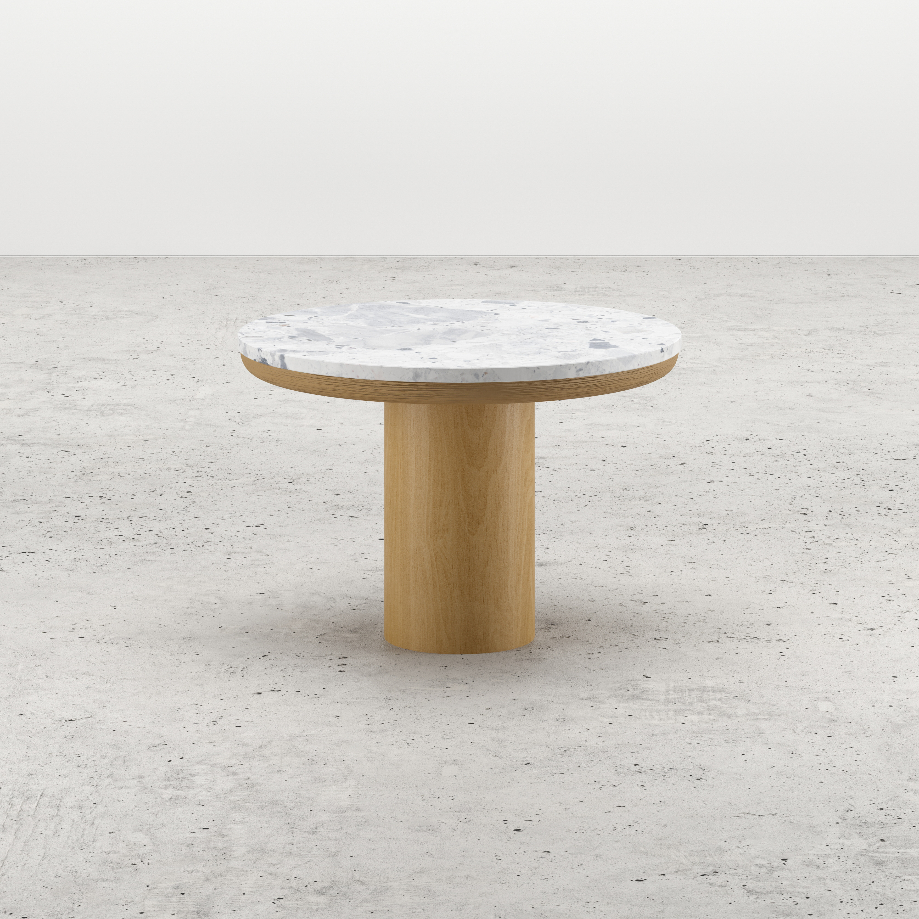 Bijzettafel Amato Rondo Small onderstel in natuurkleurige eik  met rond Pietro blad in marmer kleur Tundra Gold Ø 50 x 35 cm