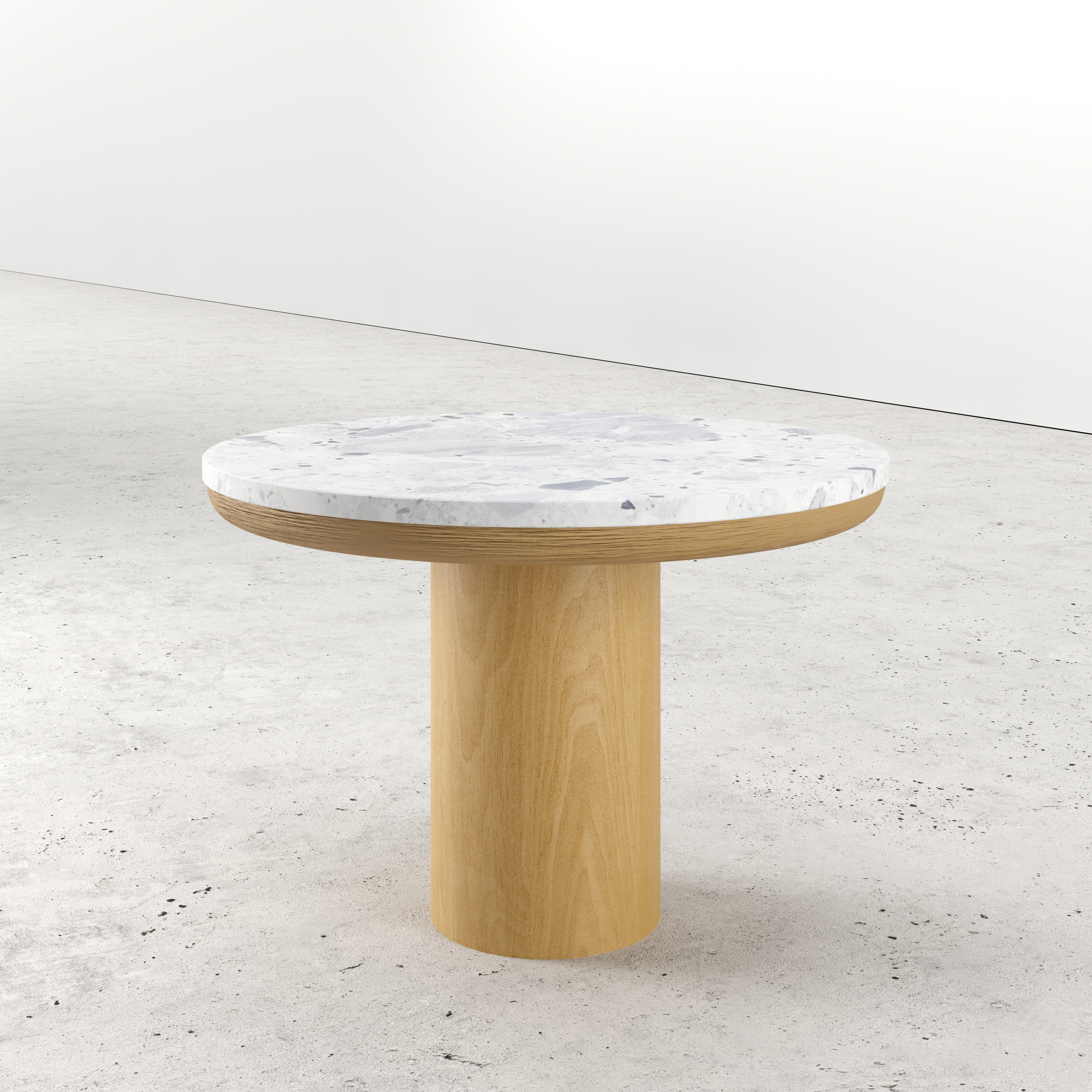 Bijzettafel Amato Rondo Small onderstel in natuurkleurige eik  met rond Pietro blad in marmer kleur Tundra Gold Ø 50 x 35 cm