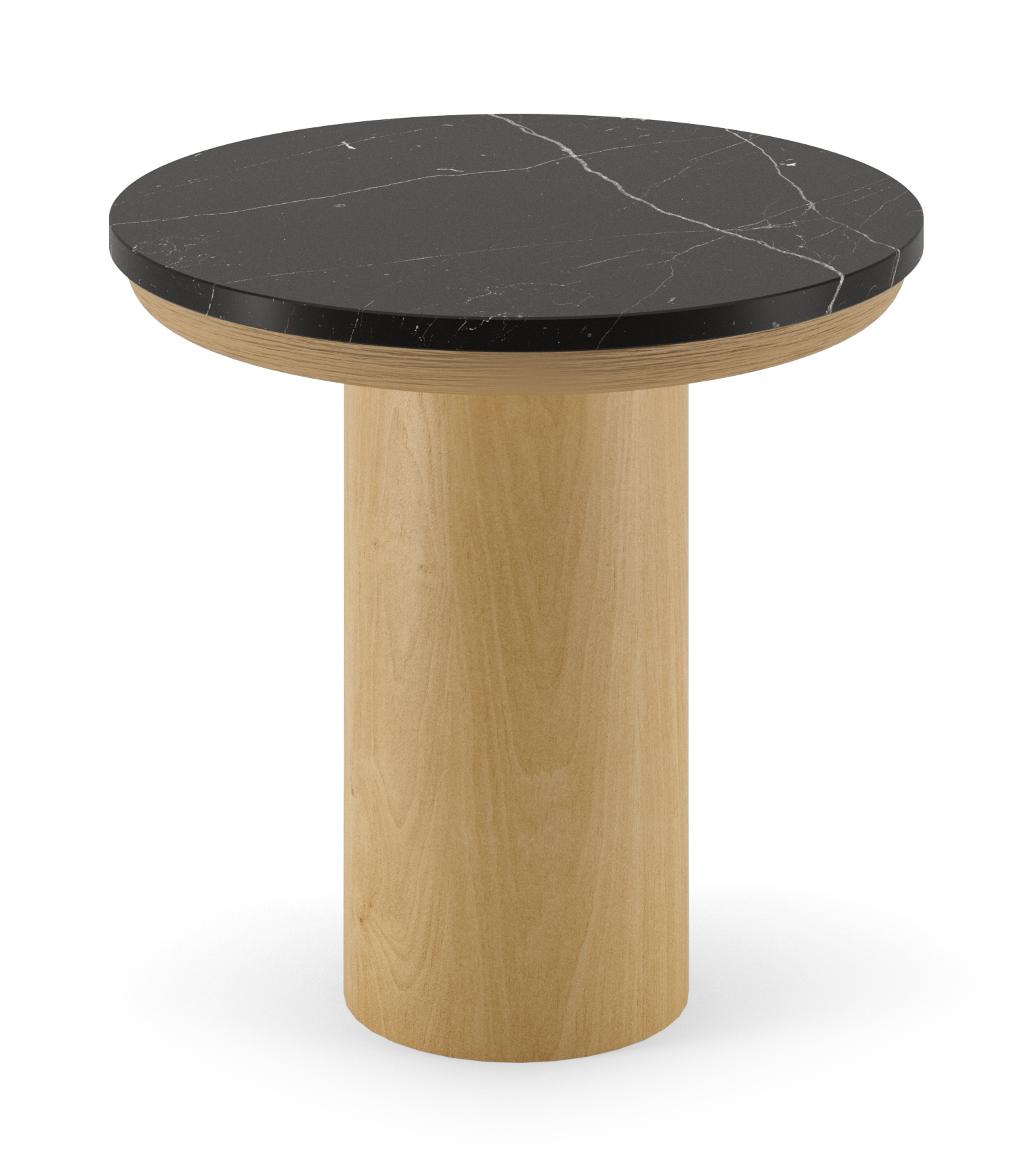 Bijzettafel Amato Rondo Small onderstel in natuurkleurige eik  met rond Pietro blad in marmer kleur Nero Marquina Ø 40 x 40 cm