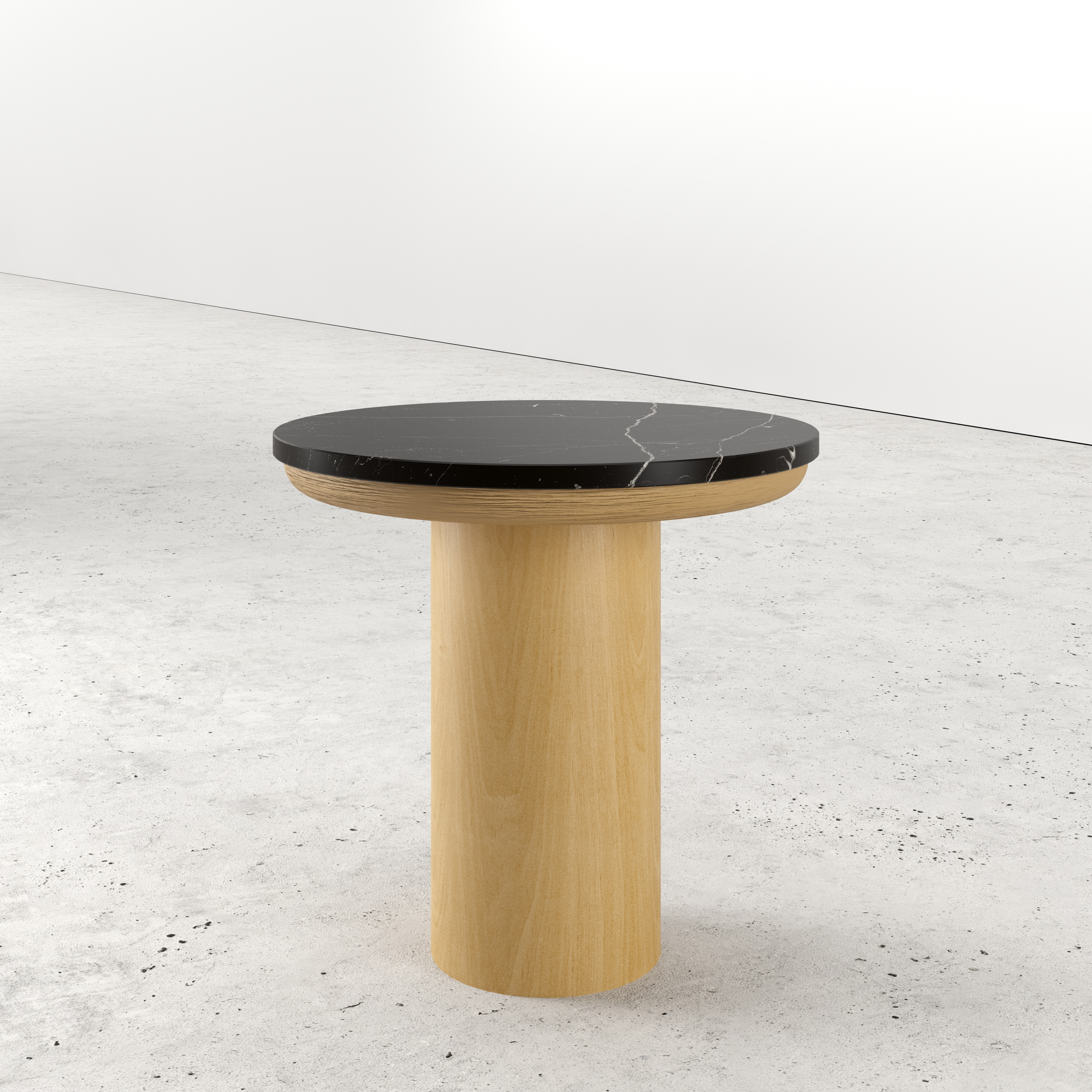 Bijzettafel Amato Rondo Small onderstel in natuurkleurige eik  met rond Pietro blad in marmer kleur Nero Marquina Ø 40 x 40 cm