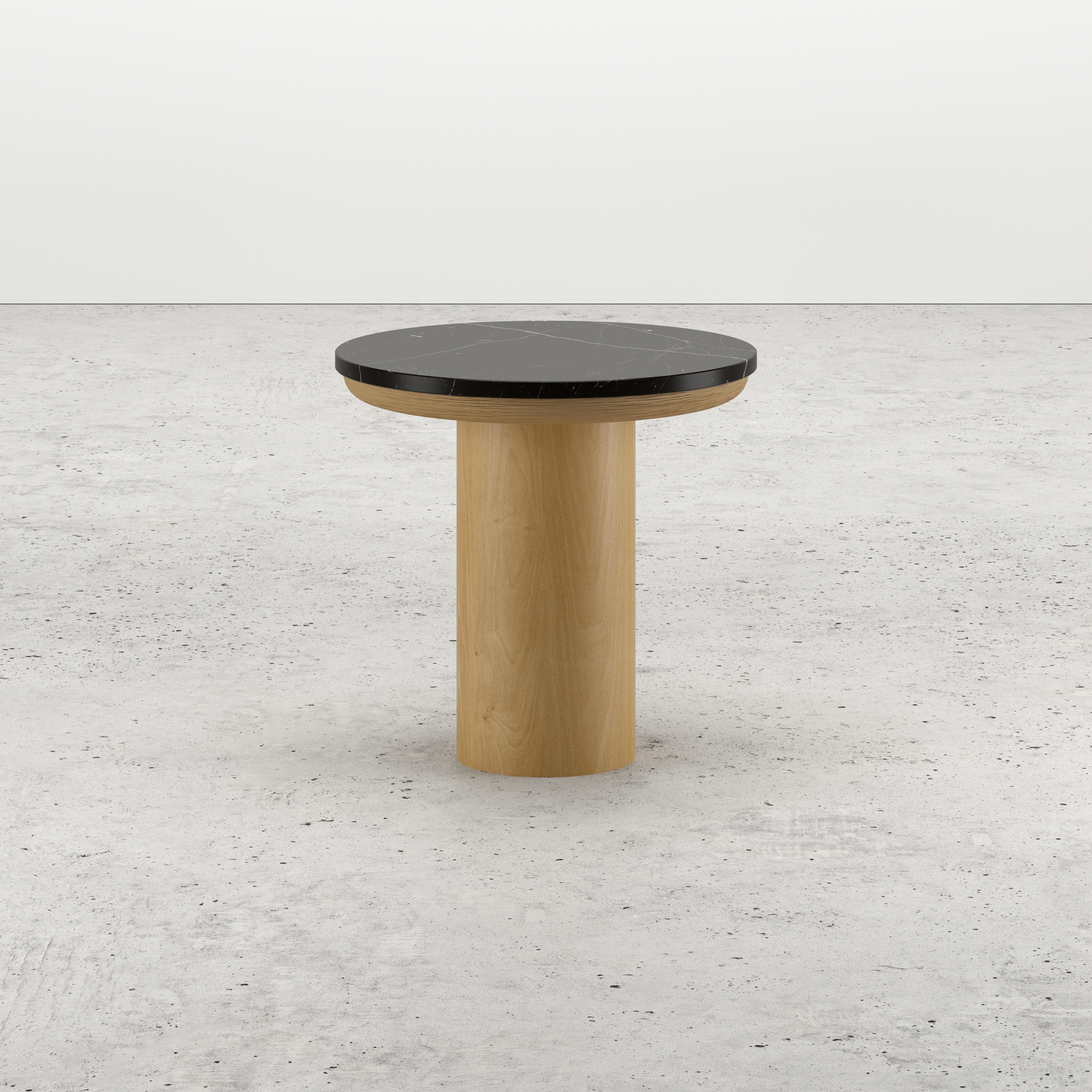 Bijzettafel Amato Rondo Small onderstel in natuurkleurige eik  met rond Pietro blad in marmer kleur Nero Marquina Ø 40 x 40 cm