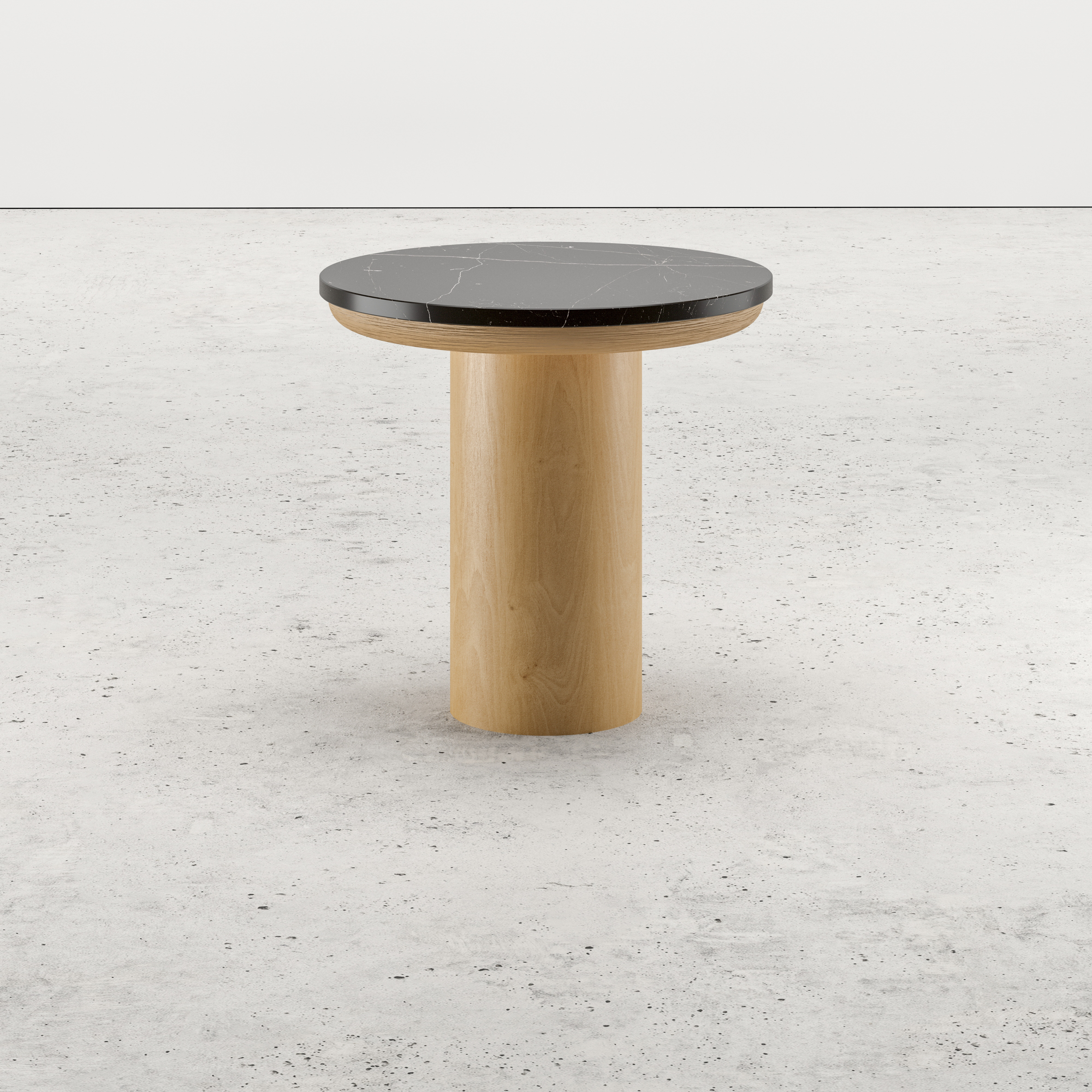 Bijzettafel Amato Rondo Small onderstel in natuurkleurige eik  met rond Pietro blad in marmer kleur Nero Marquina Ø 40 x 40 cm