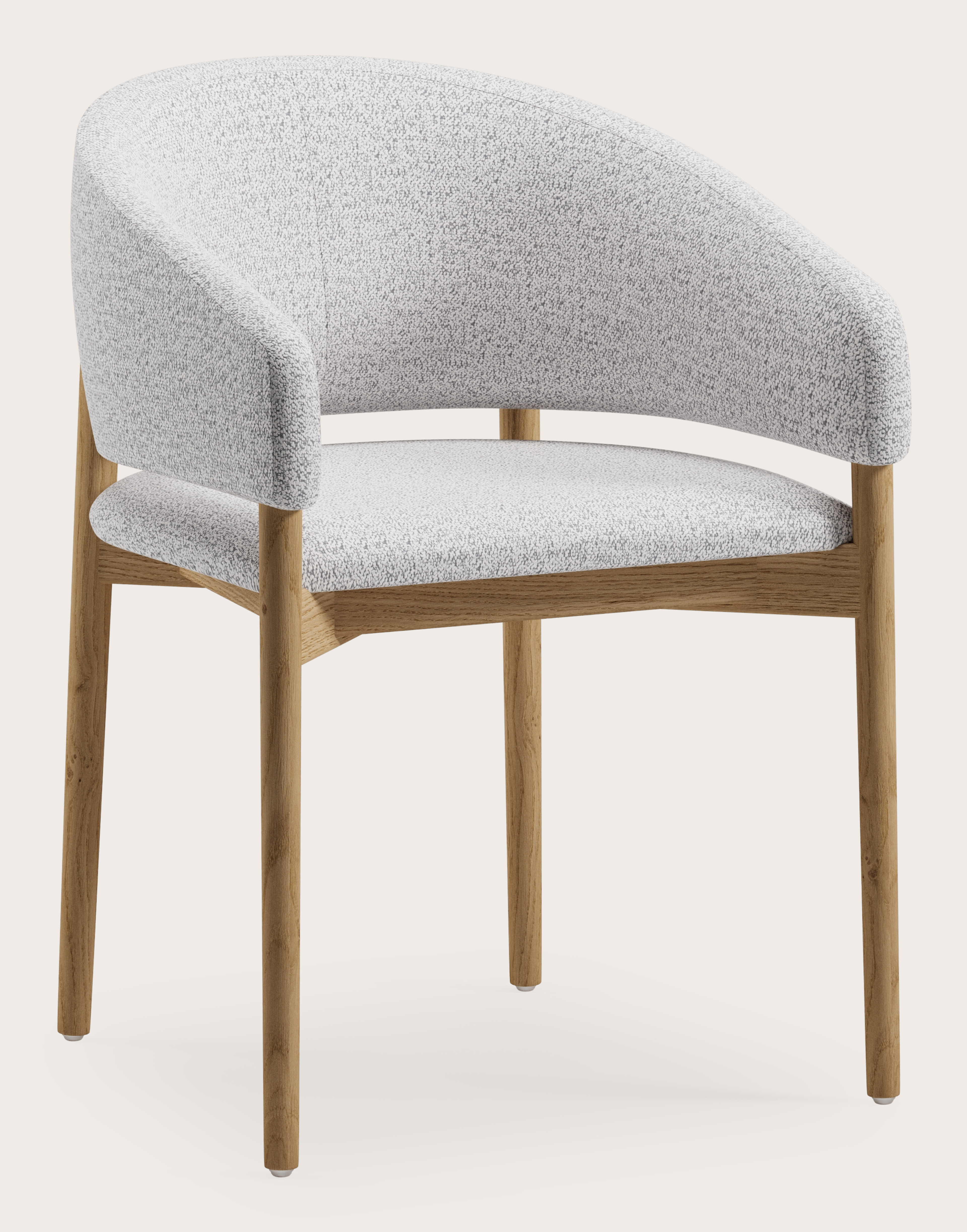 Fauteuil Comino en Dolce tissu Greige avec pied de chaise en chêne couleur naturelle