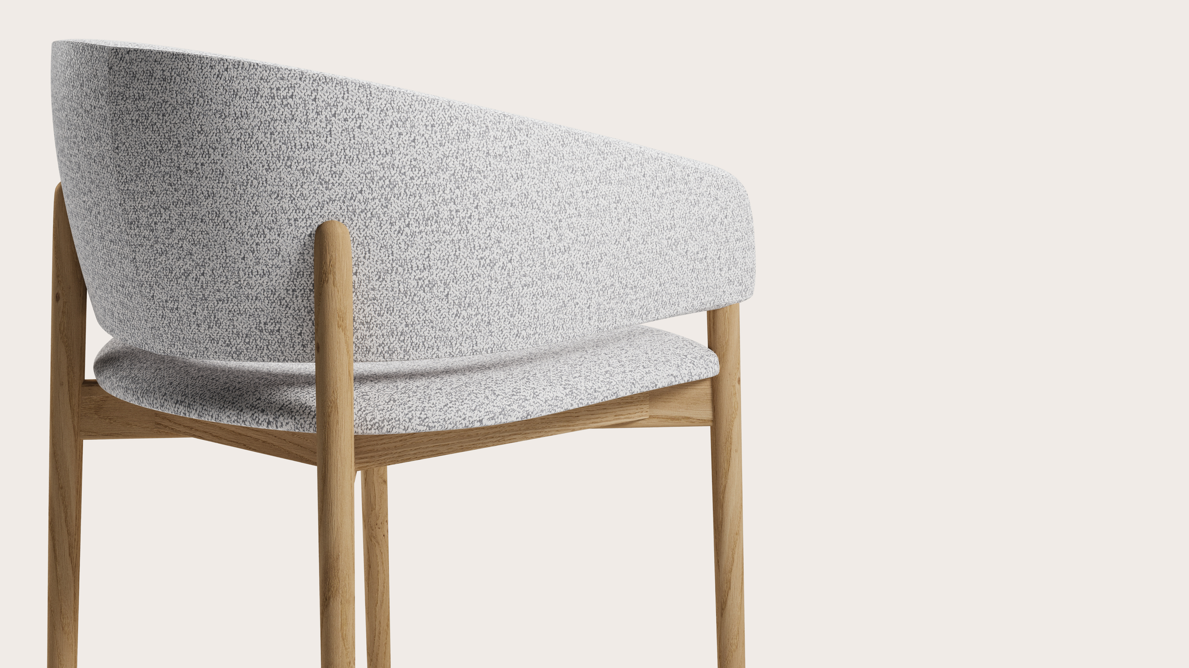 Fauteuil Comino en Dolce tissu Greige avec pied de chaise en chêne couleur naturelle
