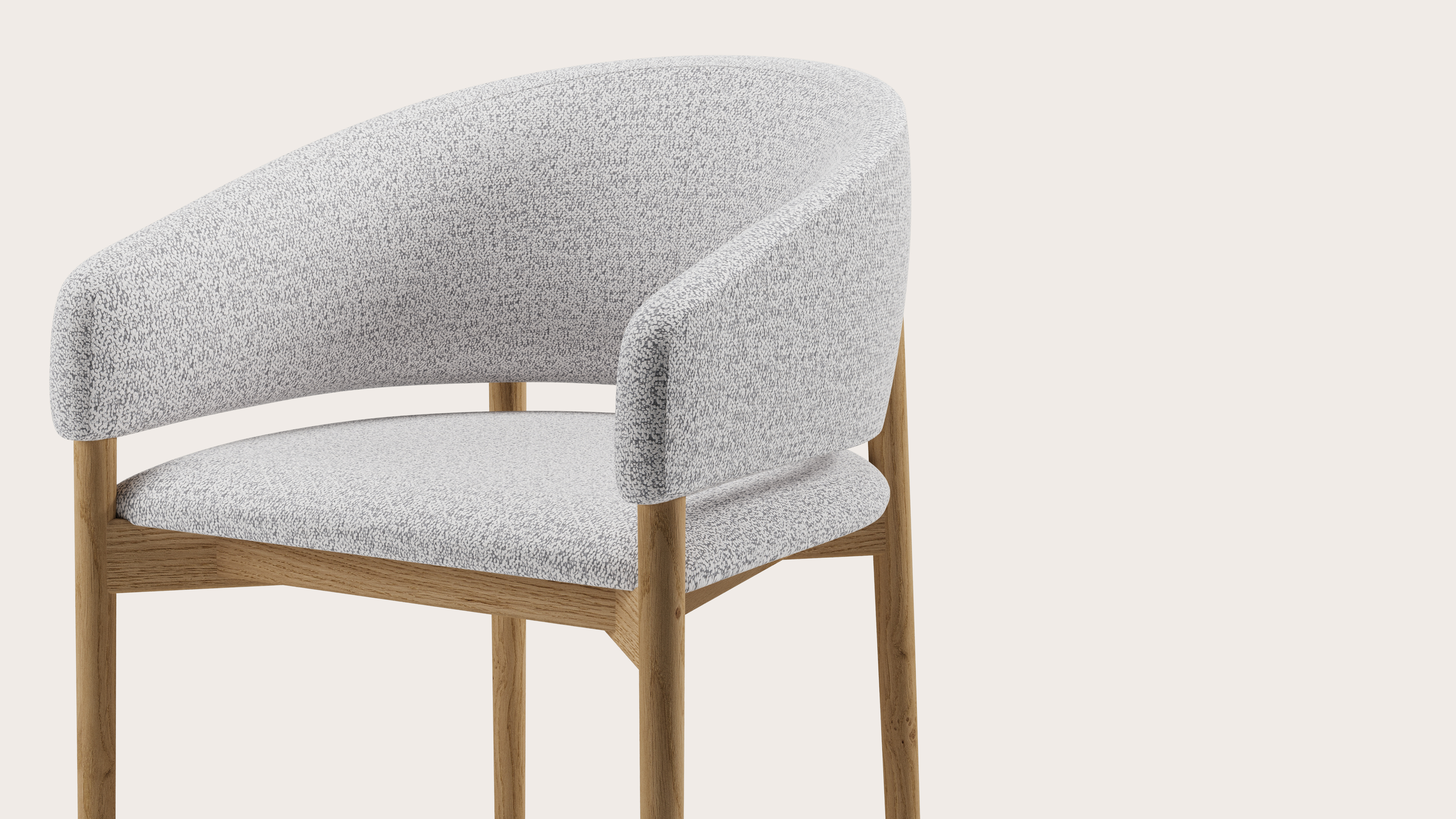 Fauteuil Comino en Dolce tissu Greige avec pied de chaise en chêne couleur naturelle
