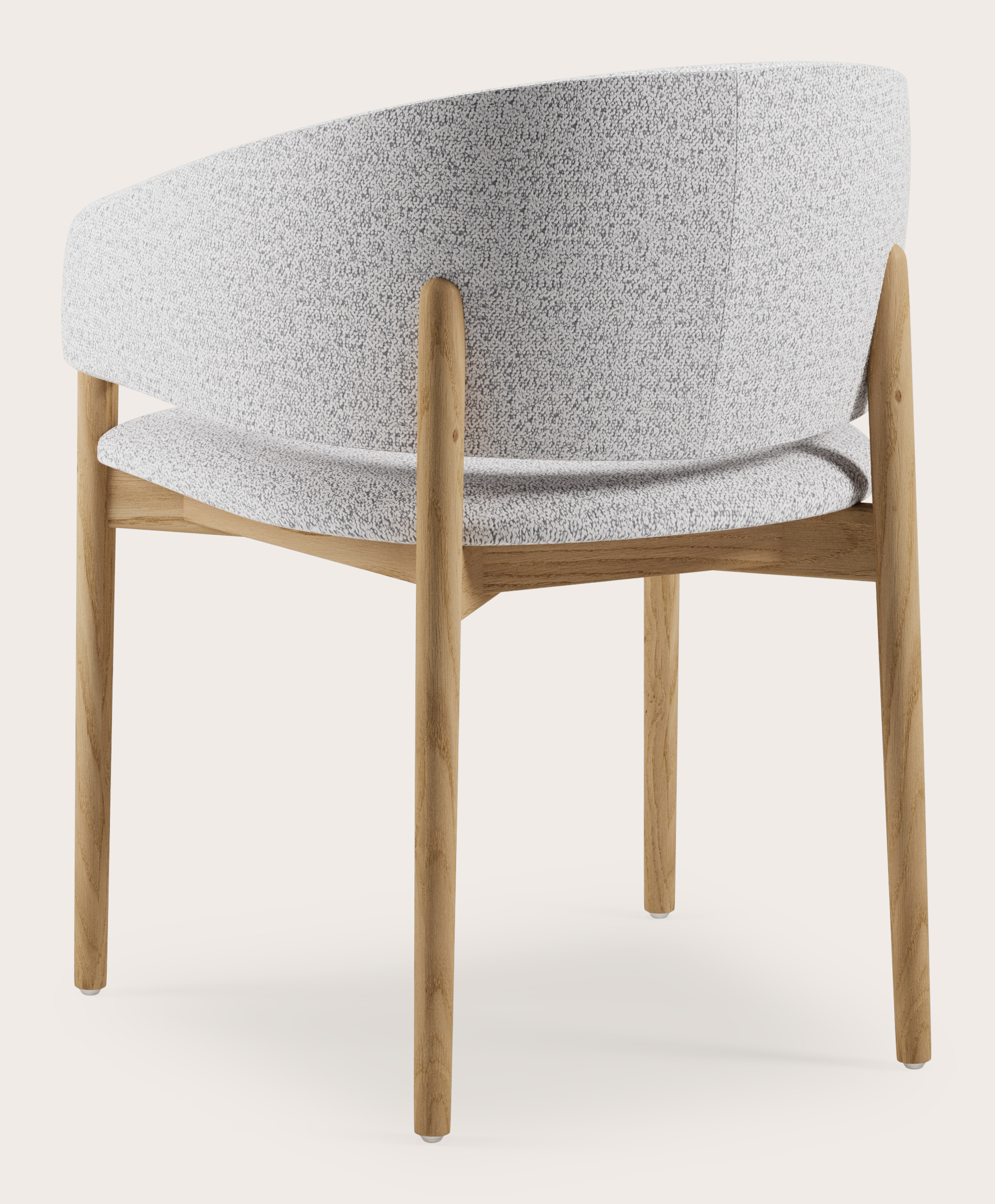 Fauteuil Comino en Dolce tissu Greige avec pied de chaise en chêne couleur naturelle