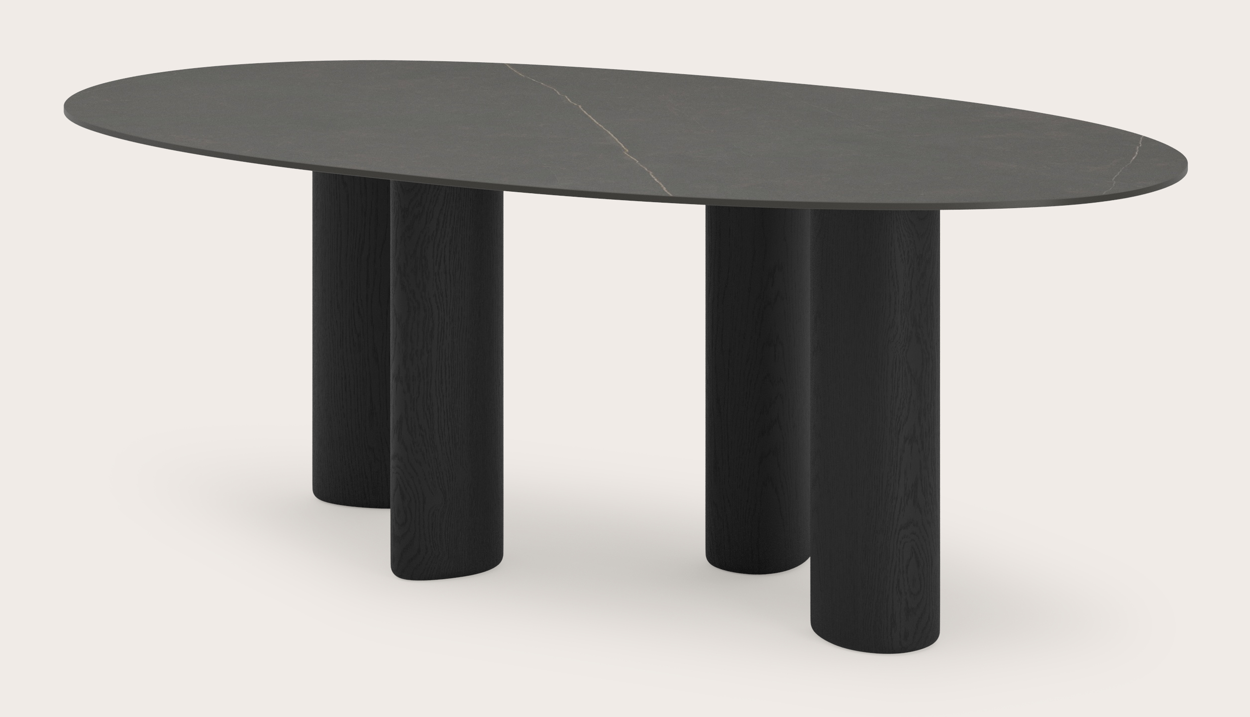 Eettafel Volanto onderstel in zwarte eik met organisch ovaal volkeramisch Ceramo Lux eettafelblad in kleur Calatorao 220x125 cm