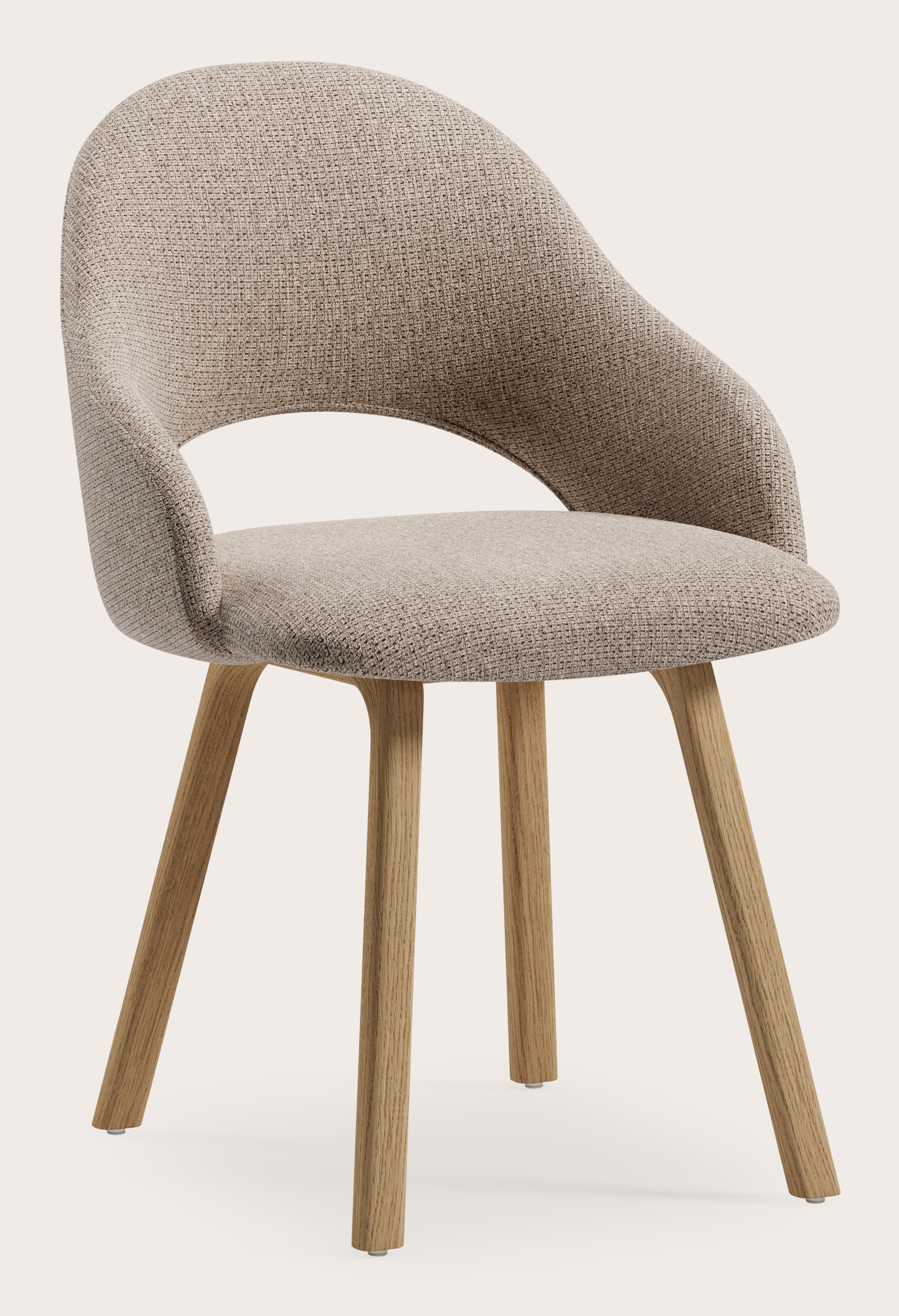 Gaudio armstoel in Fuga stof Taupe met stoelpoot in natuurkleurige eik