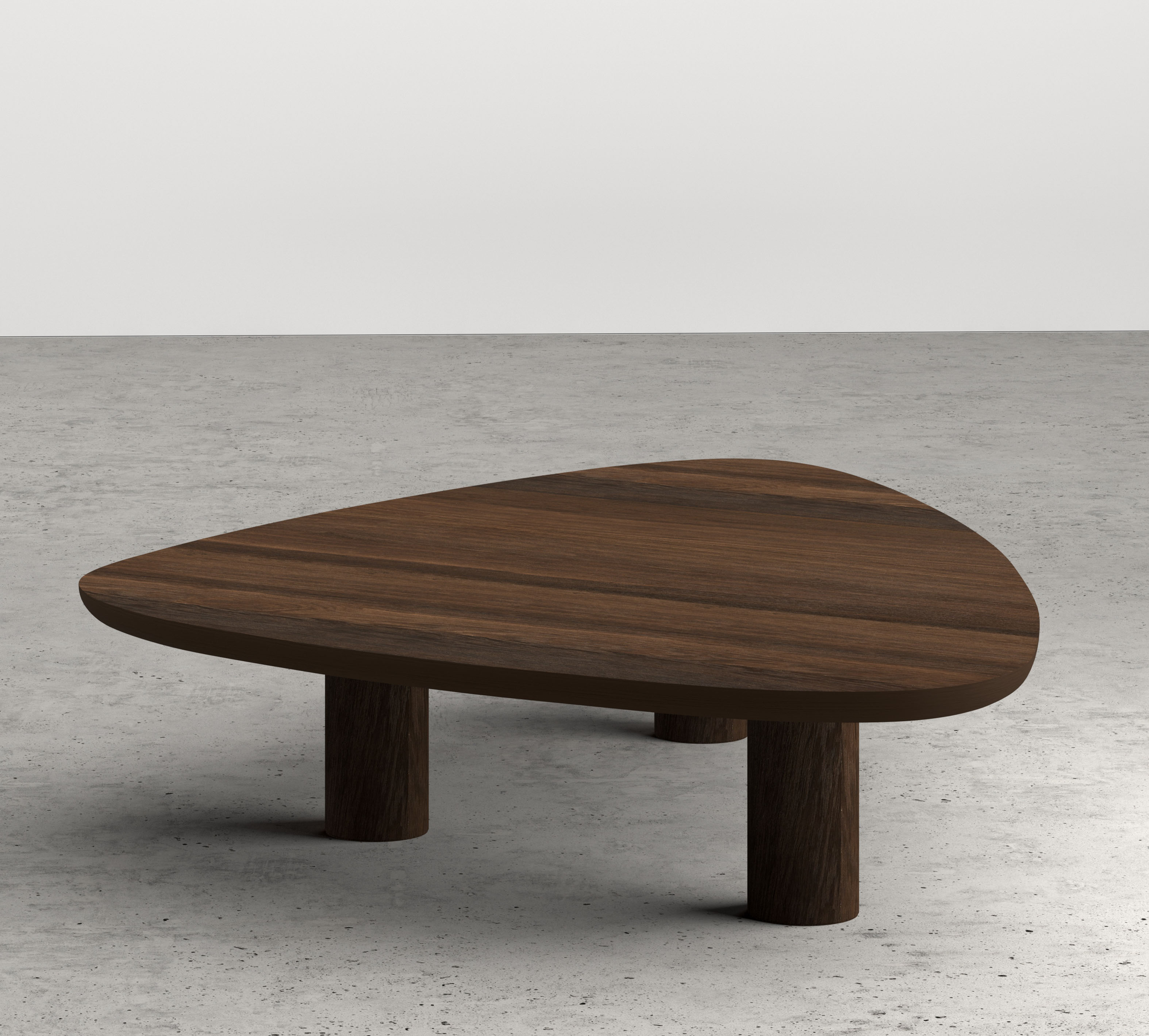Salontafel Amato Rondo XSmall onderstel met plectrumvormig Amato blad in gerookte eik 140 x 115 x 29 cm