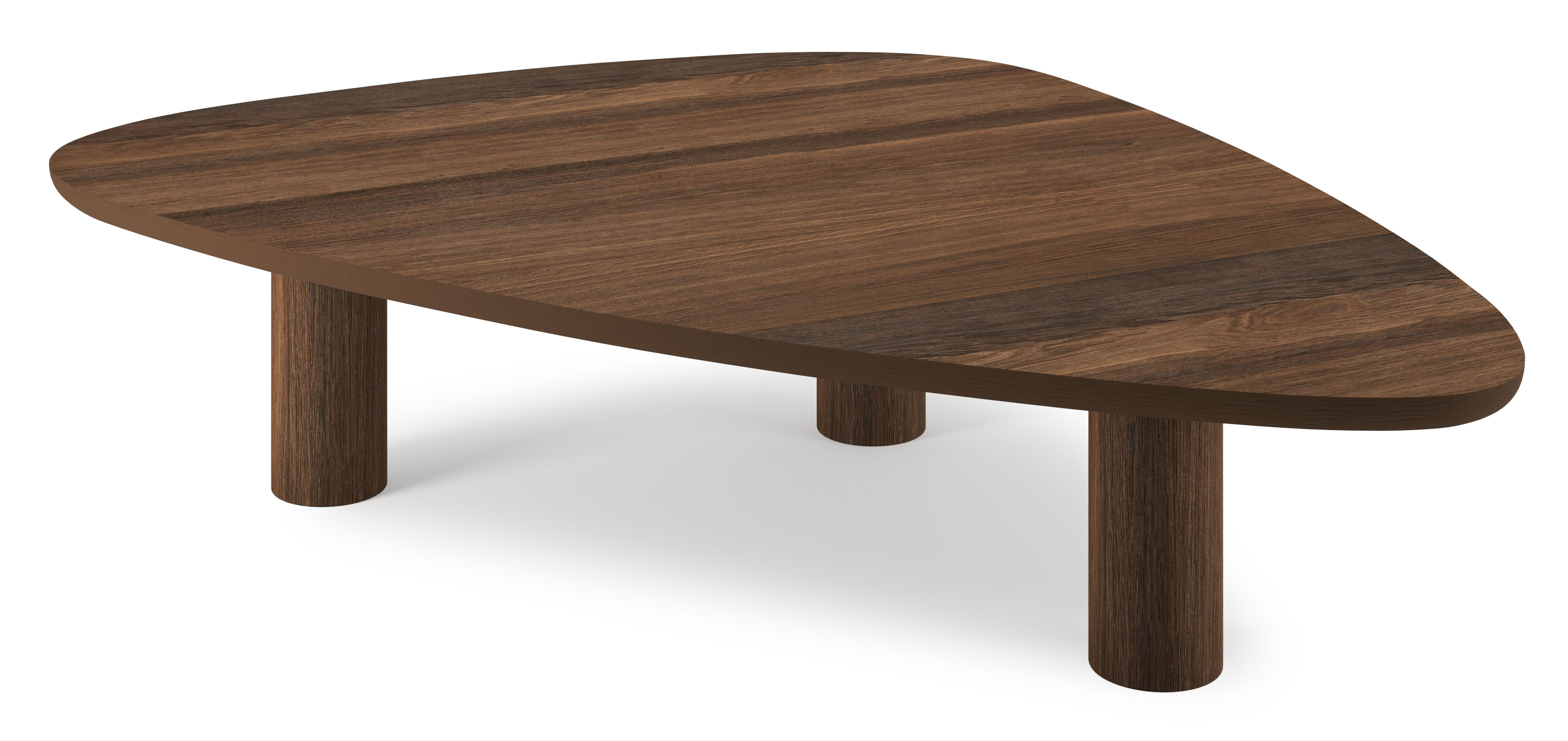 Salontafel Amato Rondo XSmall onderstel met plectrumvormig Amato blad in gerookte eik 140 x 115 x 34 cm