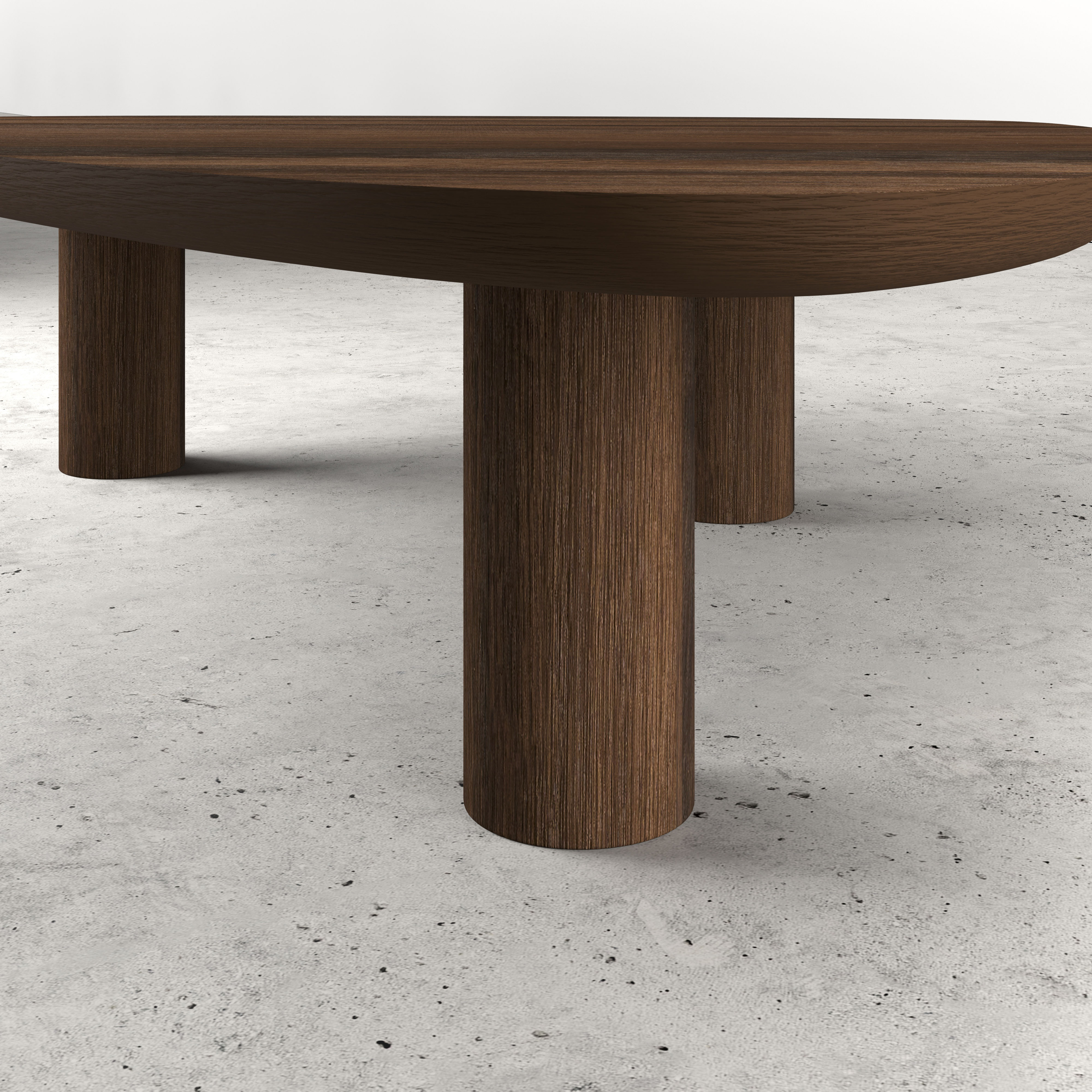 Salontafel Amato Rondo XSmall onderstel met plectrumvormig Amato blad in gerookte eik 140 x 115 x 34 cm