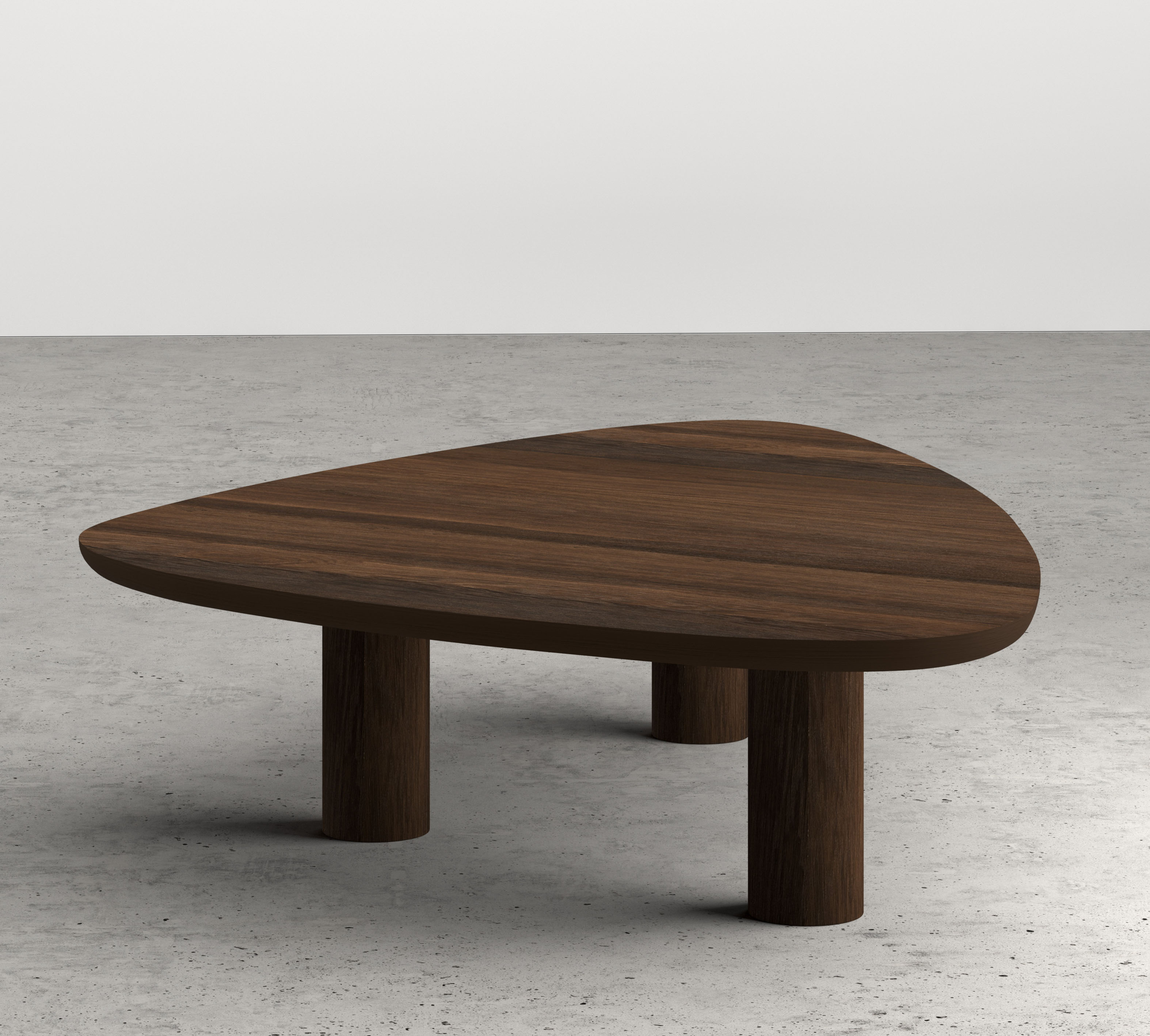 Salontafel Amato Rondo XSmall onderstel met plectrumvormig Amato blad in gerookte eik 140 x 115 x 34 cm