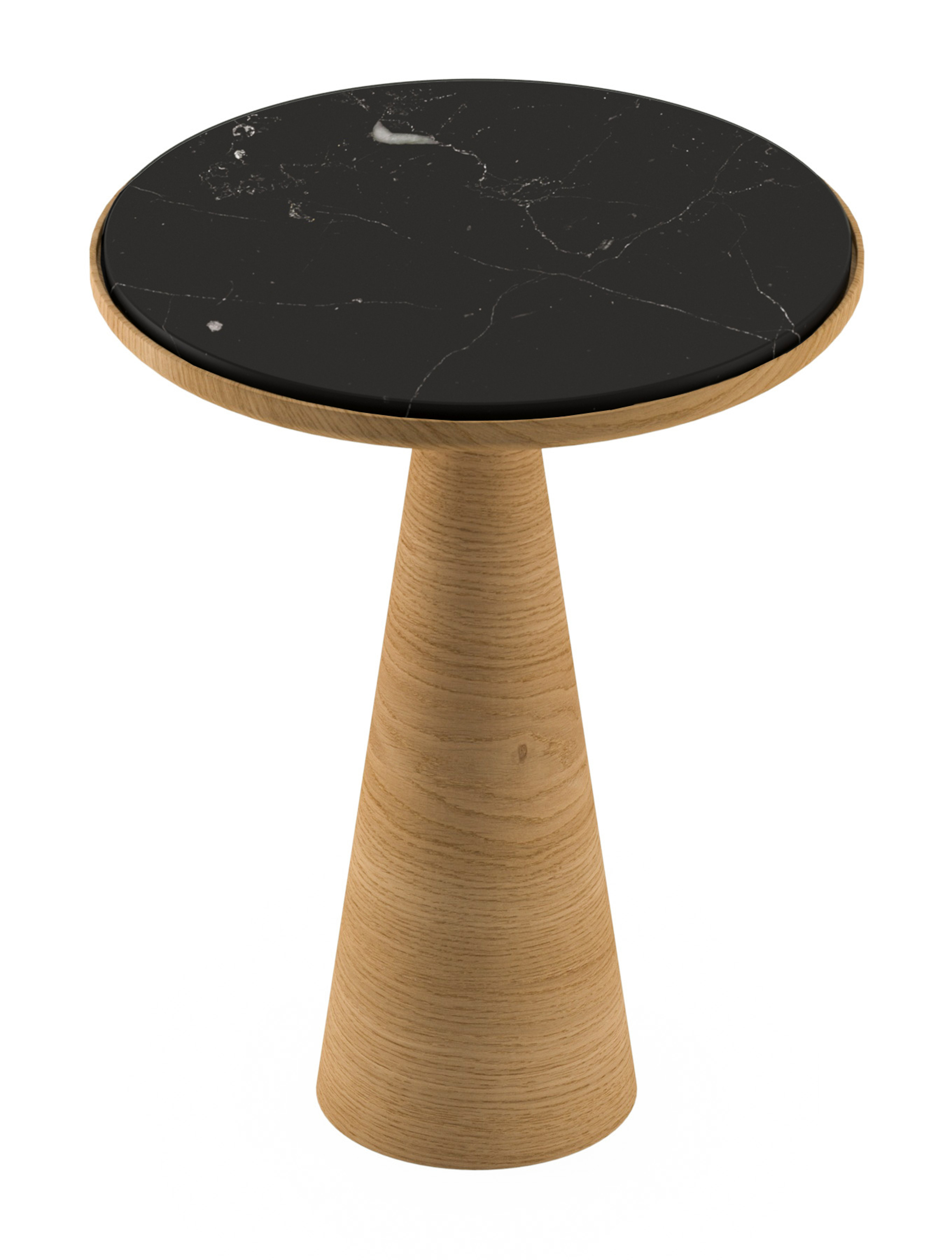 Bijzettafel Levanto onderstel in natuurkleurige eik en rond Pietro blad in marmer kleur Nero Marquina Ø42 x 53 cm