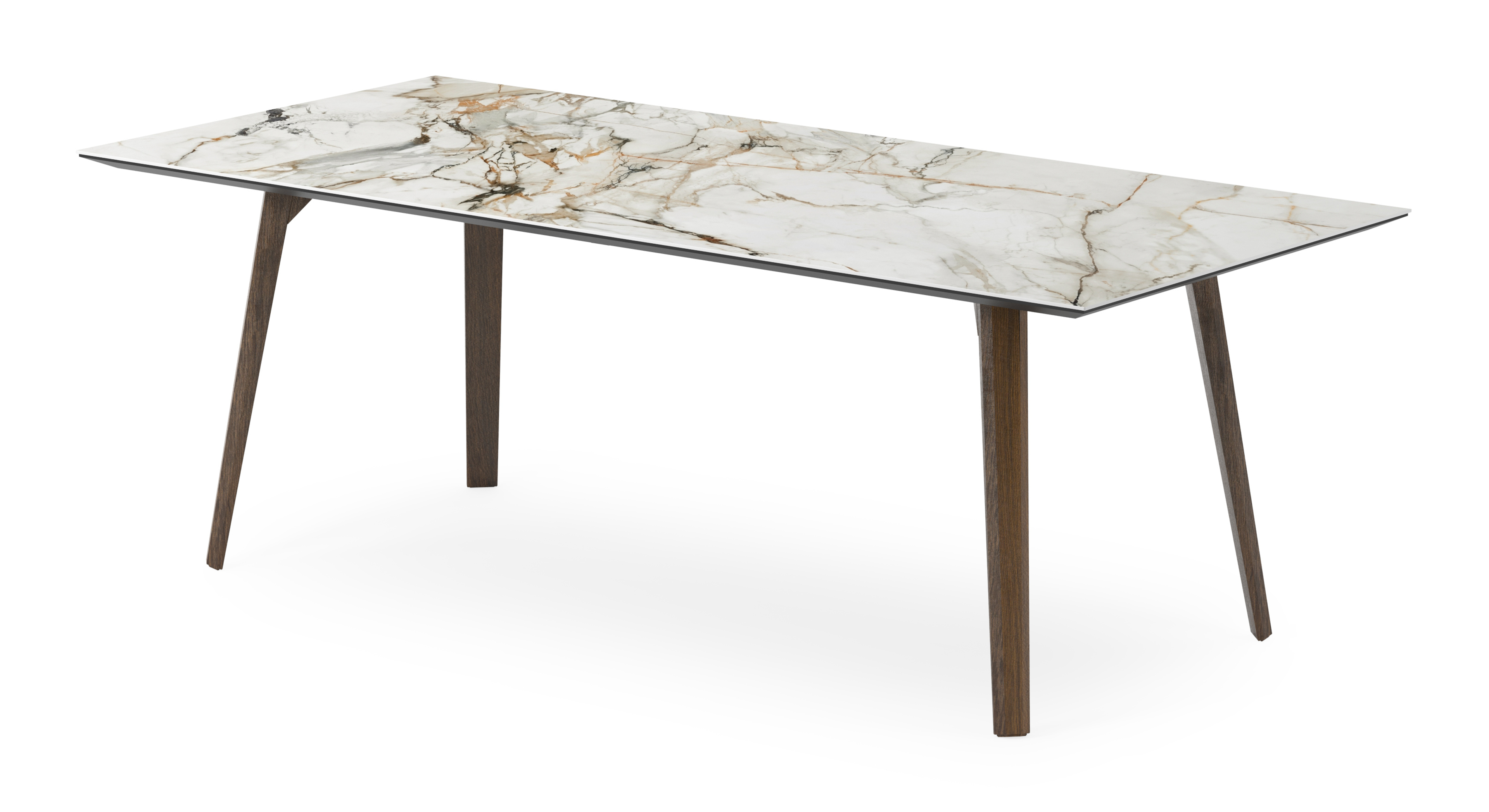Eettafel Clino onderstel in gerookte eik met rechthoekig volkeramisch Ceramo blad in kleur Calacatta Luxe 220 x 100 x 77 cm