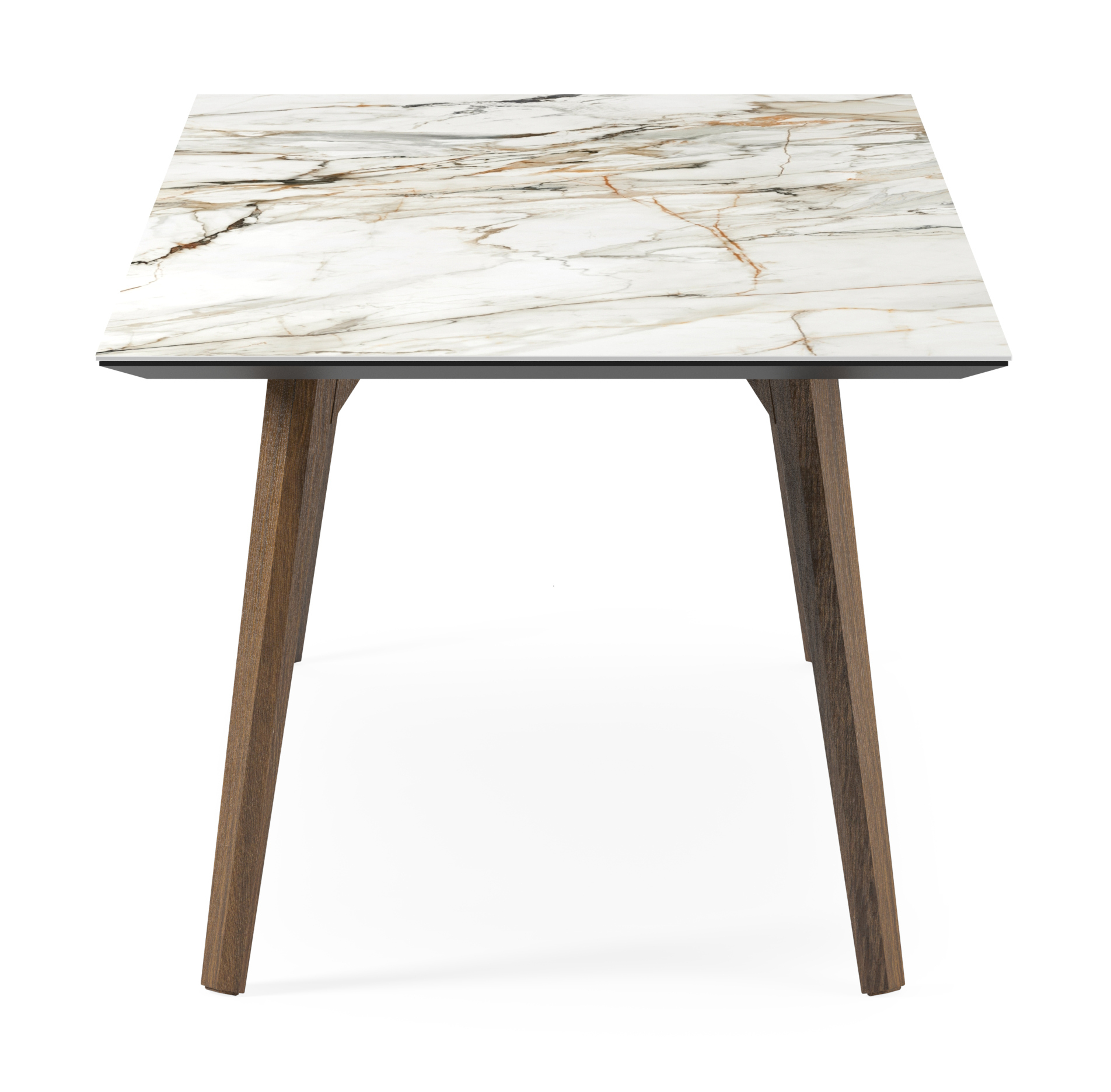 Eettafel Clino onderstel in gerookte eik met rechthoekig volkeramisch Ceramo blad in kleur Calacatta Luxe 220 x 100 x 77 cm