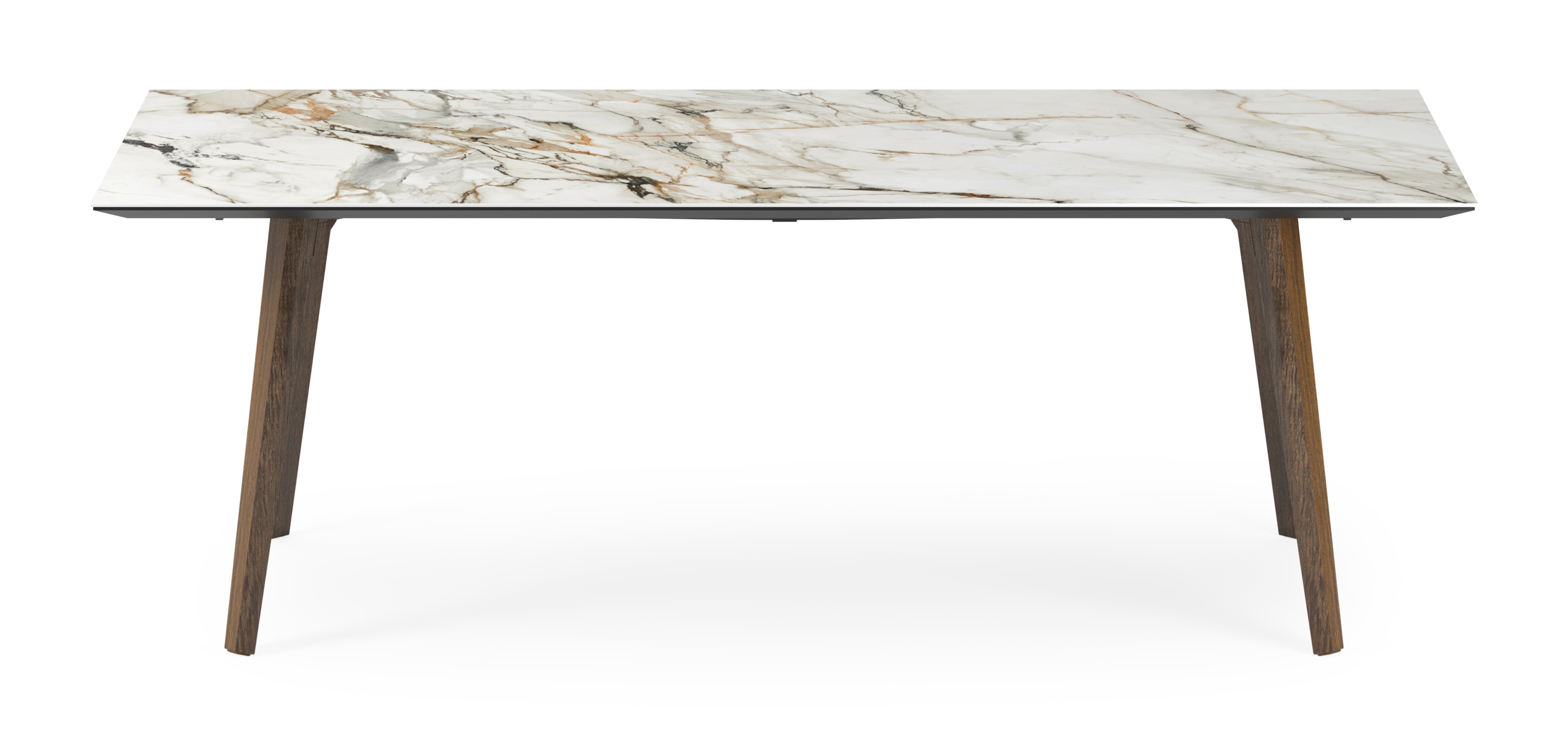 Eettafel Clino onderstel in gerookte eik met rechthoekig volkeramisch Ceramo blad in kleur Calacatta Luxe 220 x 100 x 77 cm