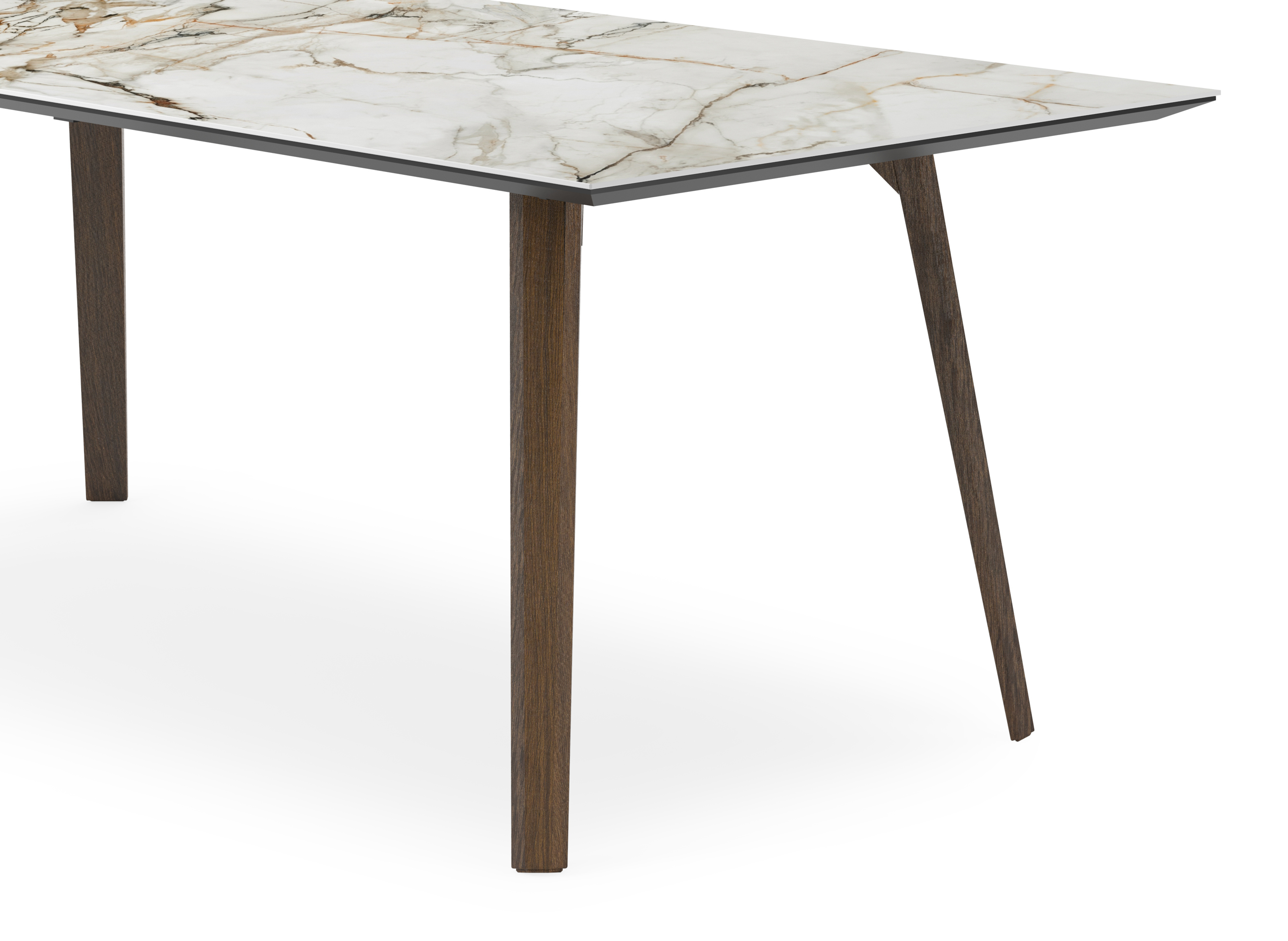 Eettafel Clino onderstel in gerookte eik met rechthoekig volkeramisch Ceramo blad in kleur Calacatta Luxe 220 x 100 x 77 cm
