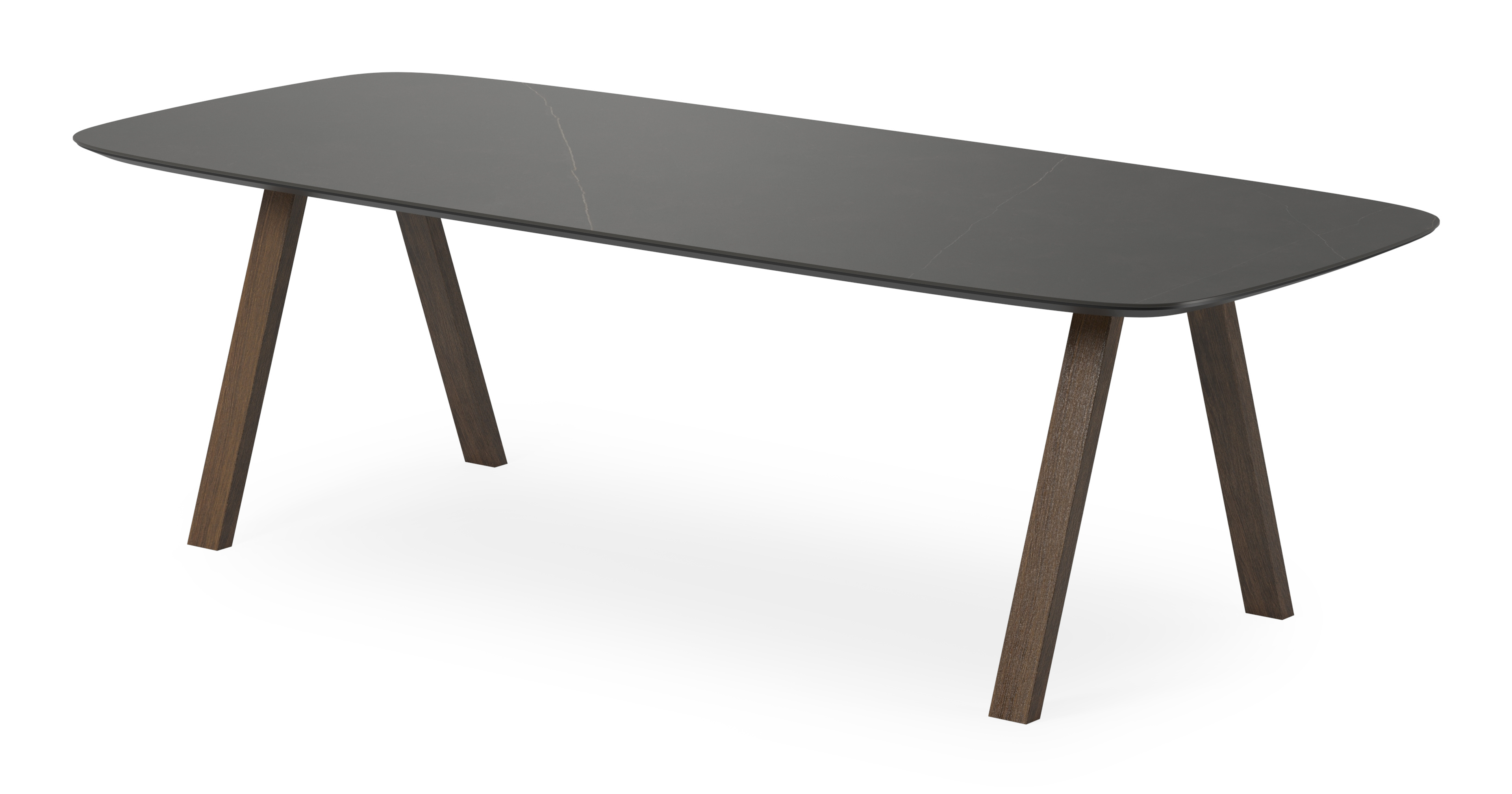 Eettafel Tiendo onderstel in gerookte eik met bootvormig volkeramisch Ceramo blad in kleur Calatorao 260 x 110 x 77 cm