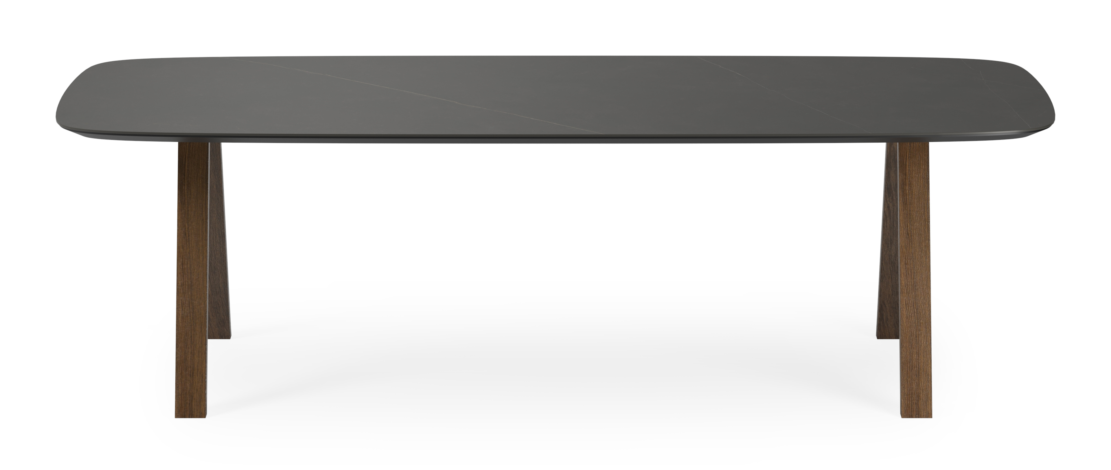Eettafel Tiendo onderstel in gerookte eik met bootvormig volkeramisch Ceramo blad in kleur Calatorao 260 x 110 x 77 cm