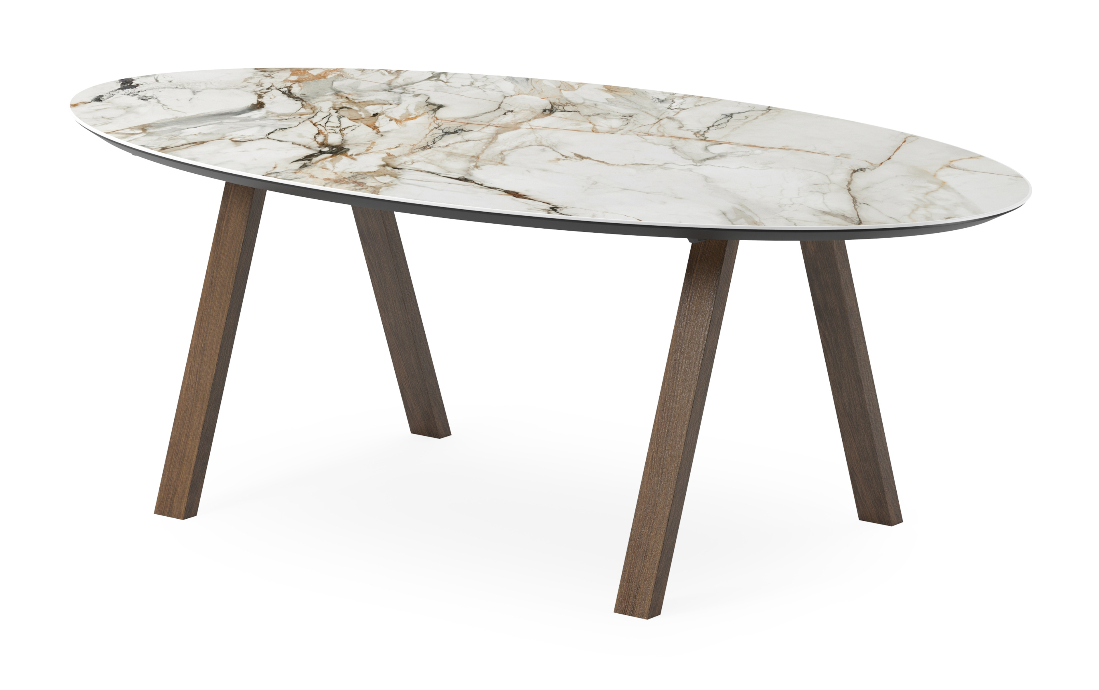 Eettafel Tiendo onderstel in gerookte eik met ovaal volkeramisch Ceramo blad in kleur Calacatta Luxe 220 x 120 x 77 cm