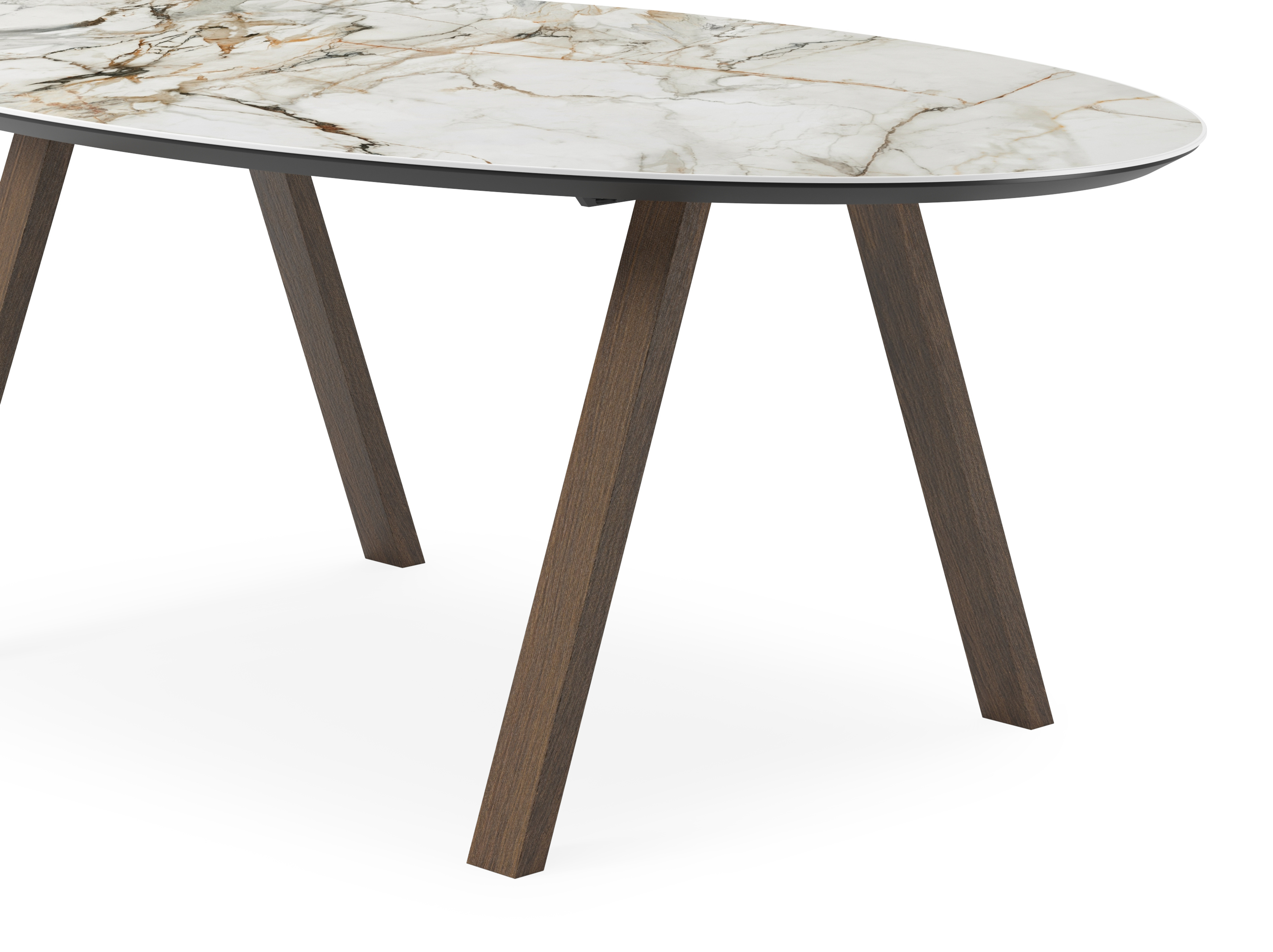 Eettafel Tiendo onderstel in gerookte eik met ovaal volkeramisch Ceramo blad in kleur Calacatta Luxe 220 x 120 x 77 cm