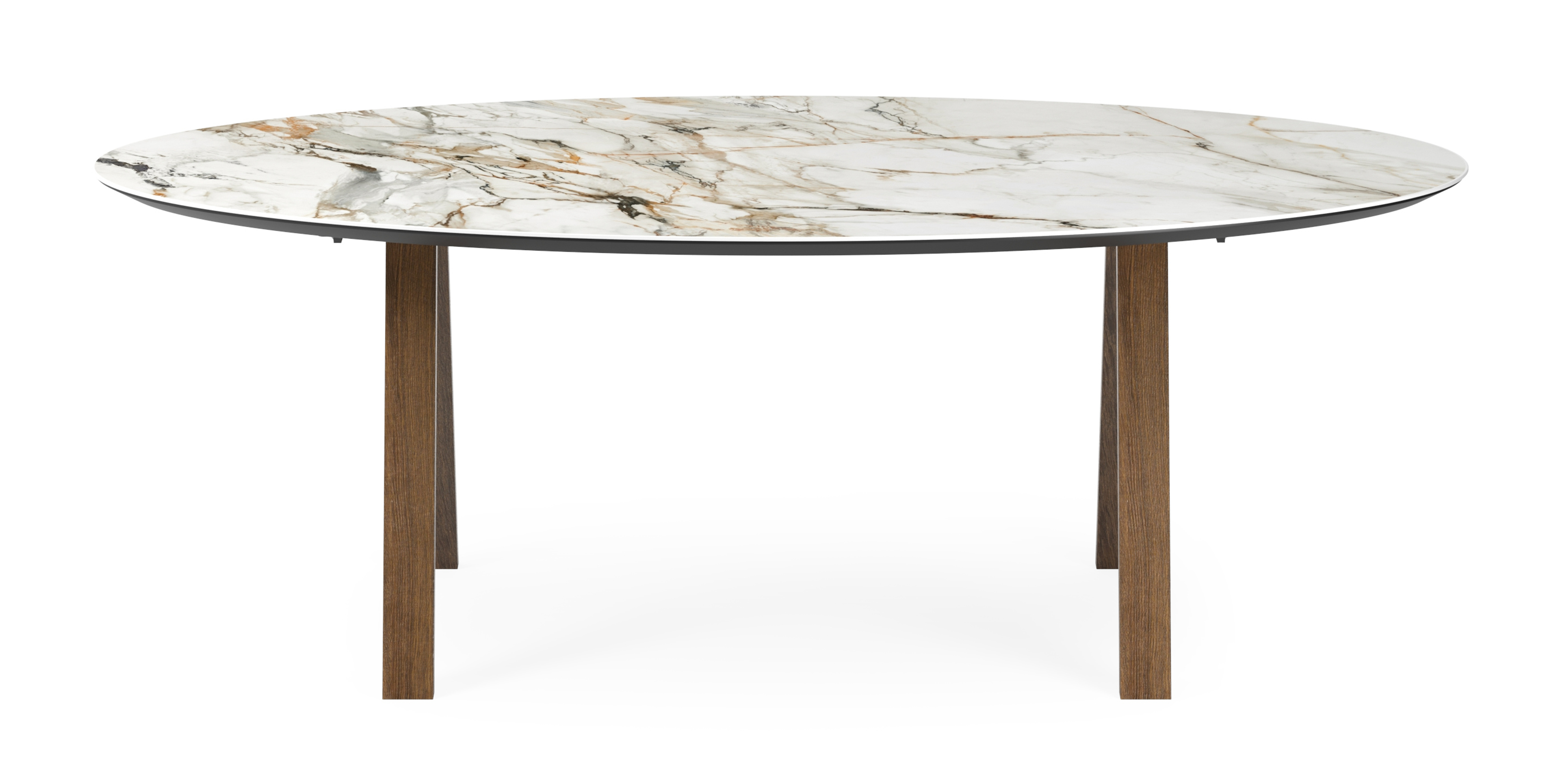 Eettafel Tiendo onderstel in gerookte eik met ovaal volkeramisch Ceramo blad in kleur Calacatta Luxe 220 x 120 x 77 cm