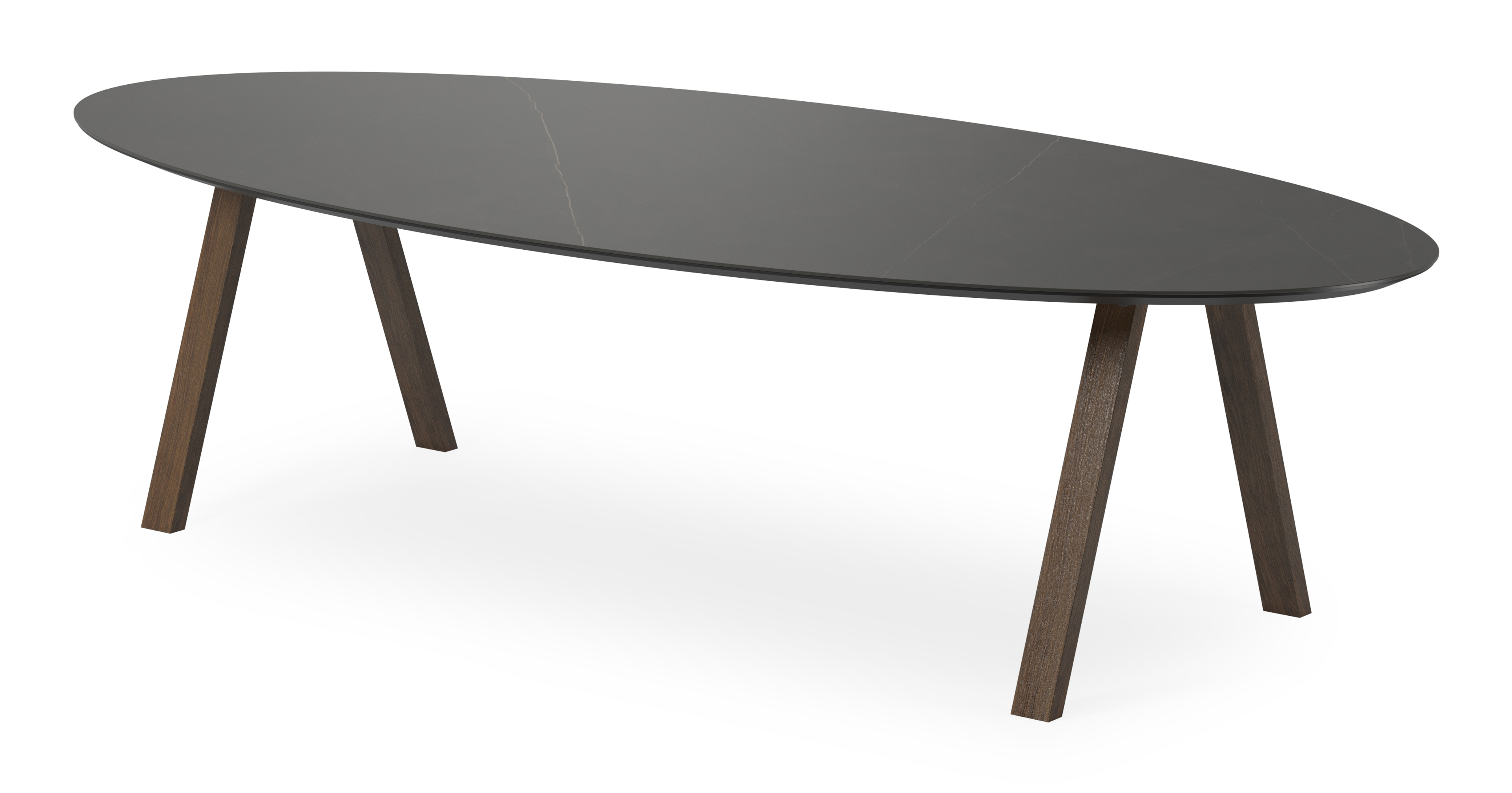 Table de salle à manger Tiendo armature en chêne fumé avec plateau Ceramo ovale en céramique en couleur Calatorao 300 x 140 x 77 cm