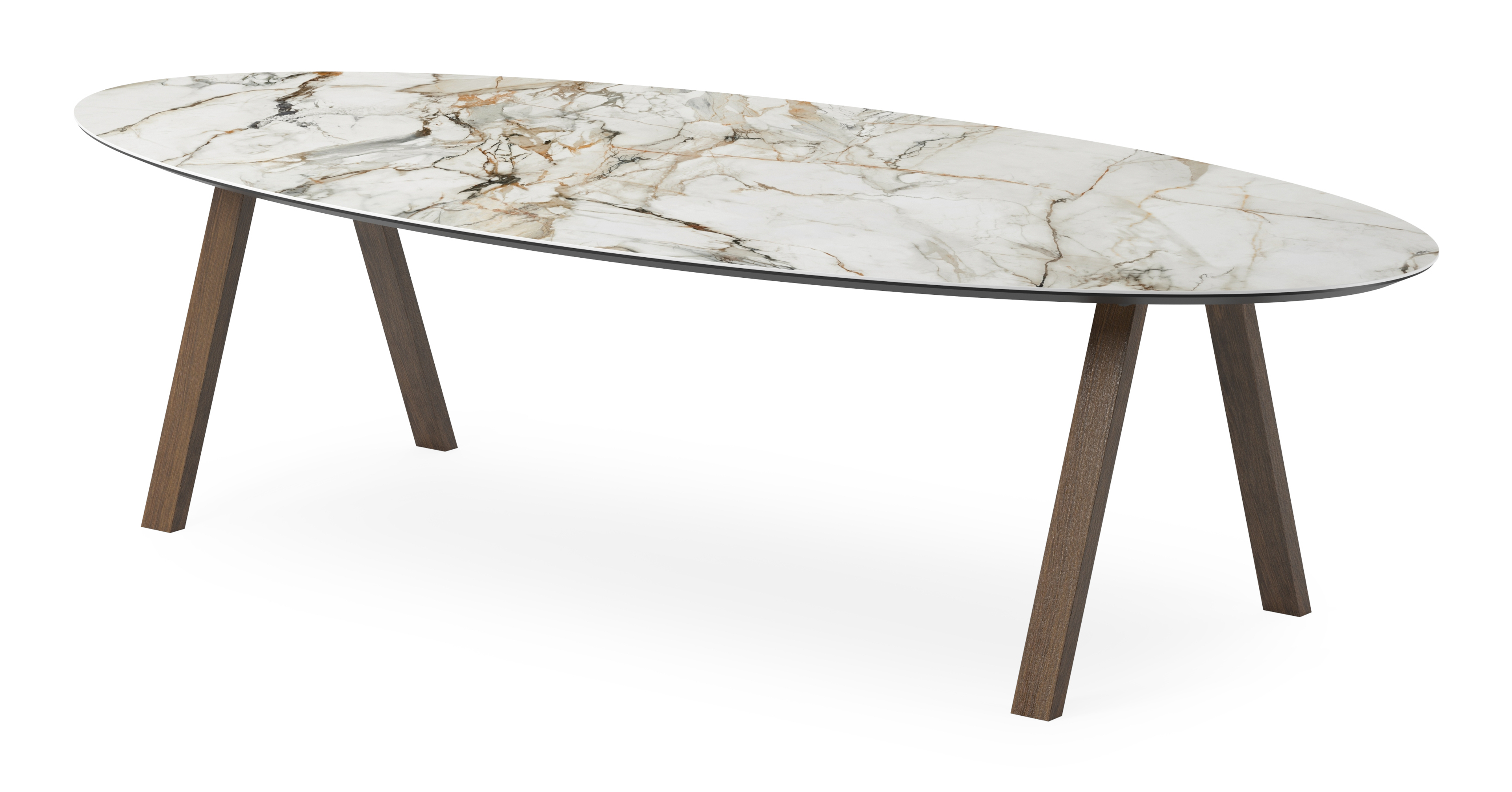 Eettafel Tiendo onderstel in gerookte eik met ovaal volkeramisch Ceramo blad in kleur Calacatta Luxe 300 x 140 x 77 cm