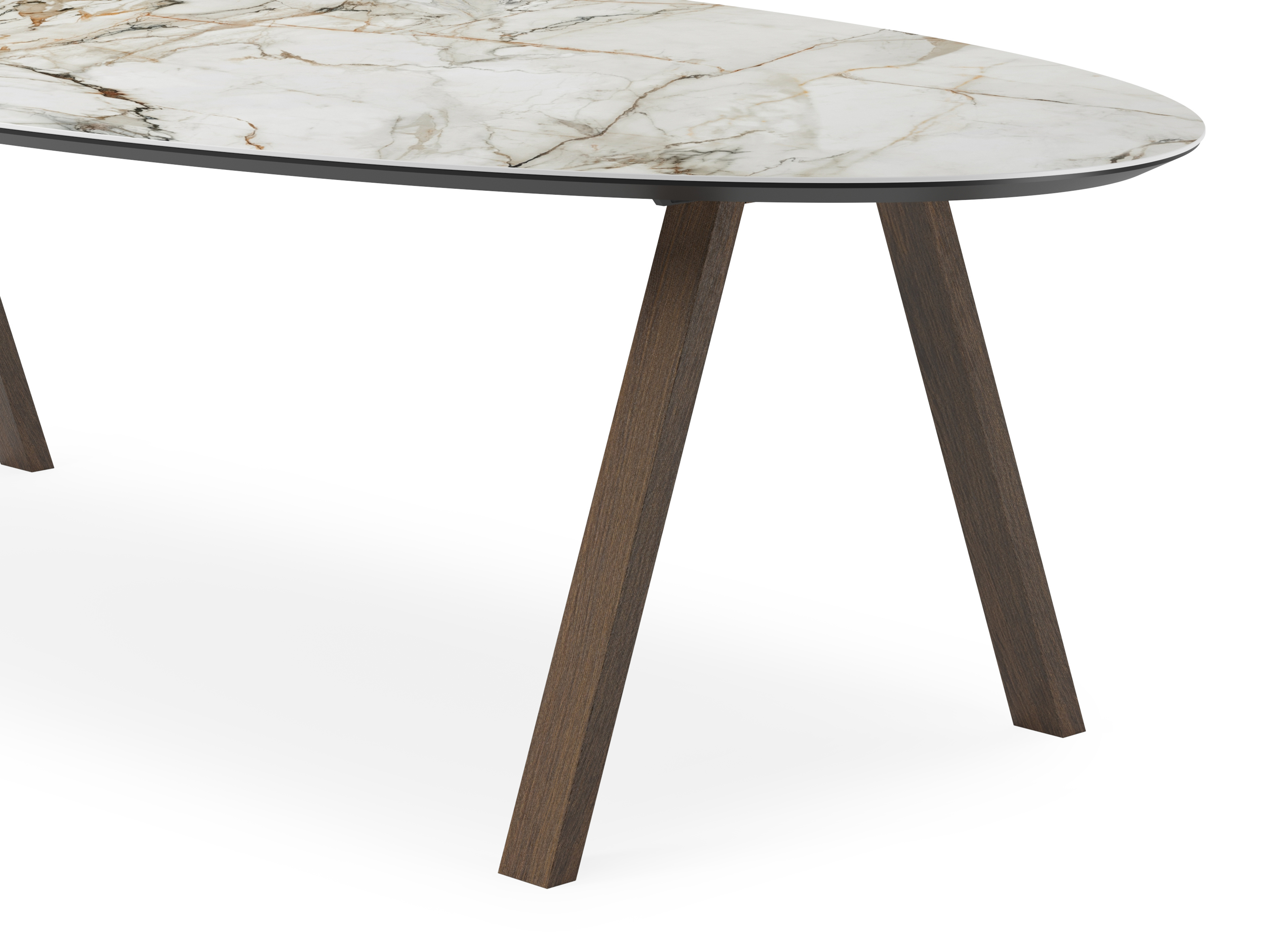Eettafel Tiendo onderstel in gerookte eik met ovaal volkeramisch Ceramo blad in kleur Calacatta Luxe 300 x 140 x 77 cm