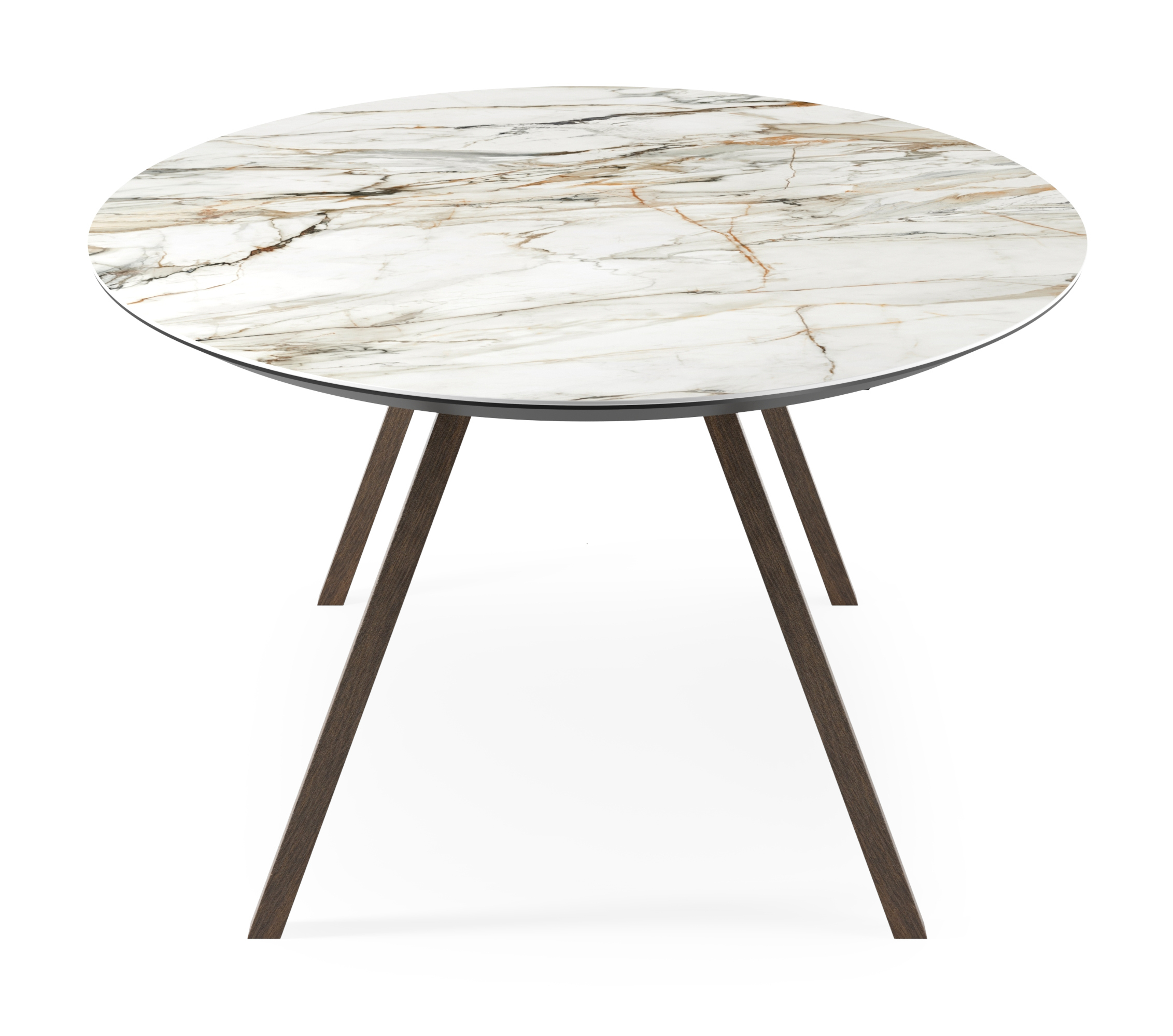 Eettafel Tiendo onderstel in gerookte eik met ovaal volkeramisch Ceramo blad in kleur Calacatta Luxe 300 x 140 x 77 cm