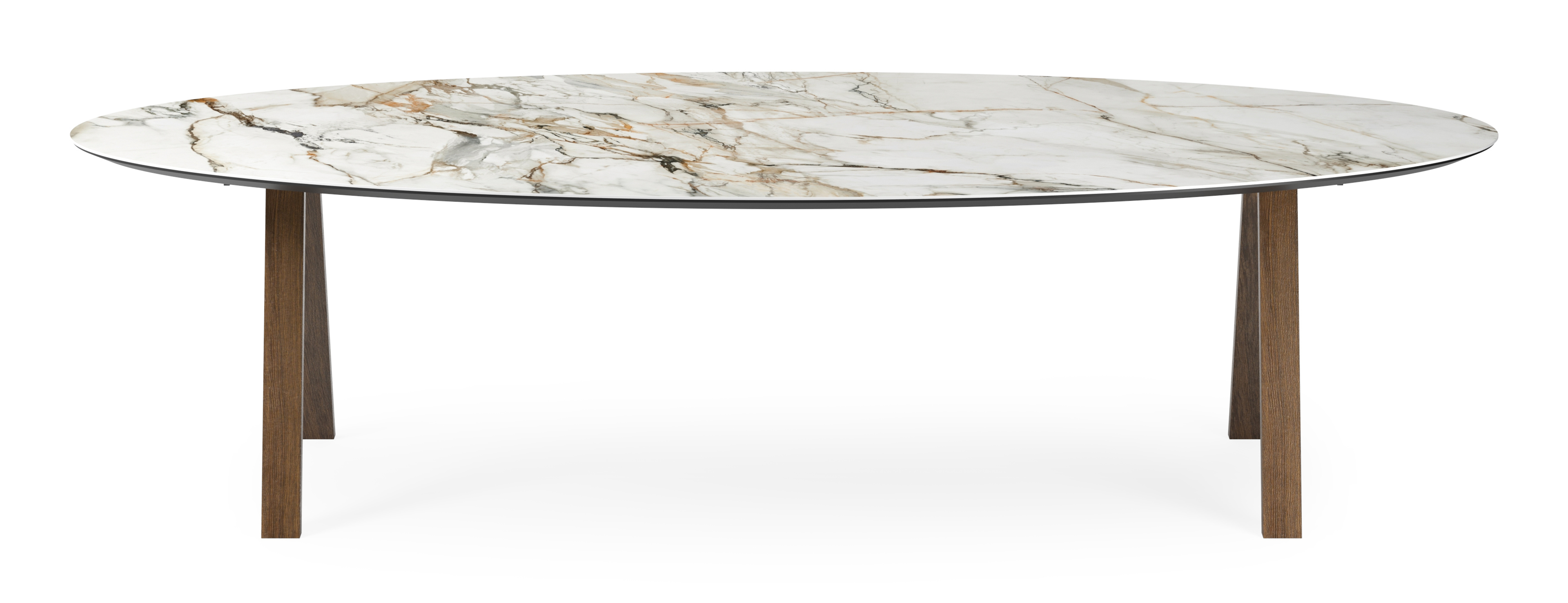 Eettafel Tiendo onderstel in gerookte eik met ovaal volkeramisch Ceramo blad in kleur Calacatta Luxe 300 x 140 x 77 cm