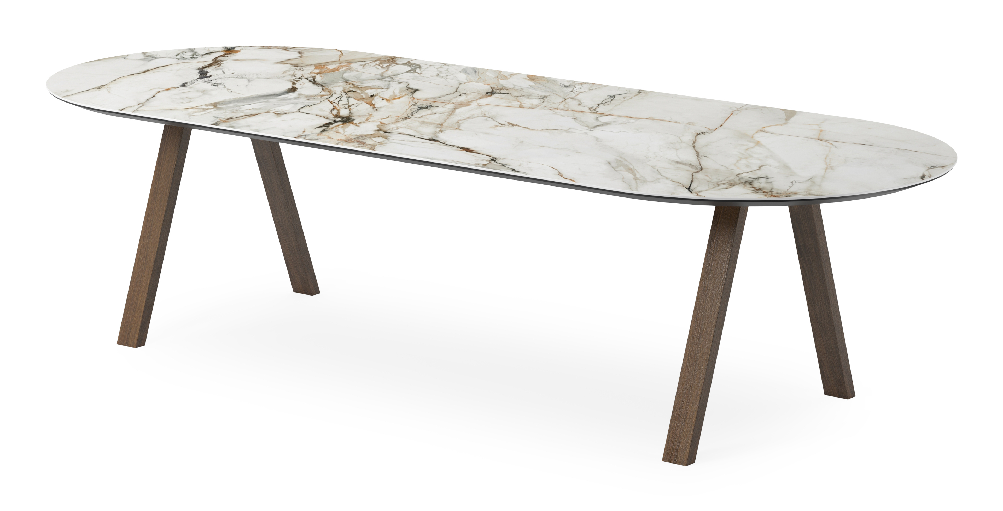 Eettafel Tiendo onderstel in gerookte eik met plat ovaal volkeramisch Ceramo blad in kleur Calacatta Luxe 300 x 120 x 77 cm