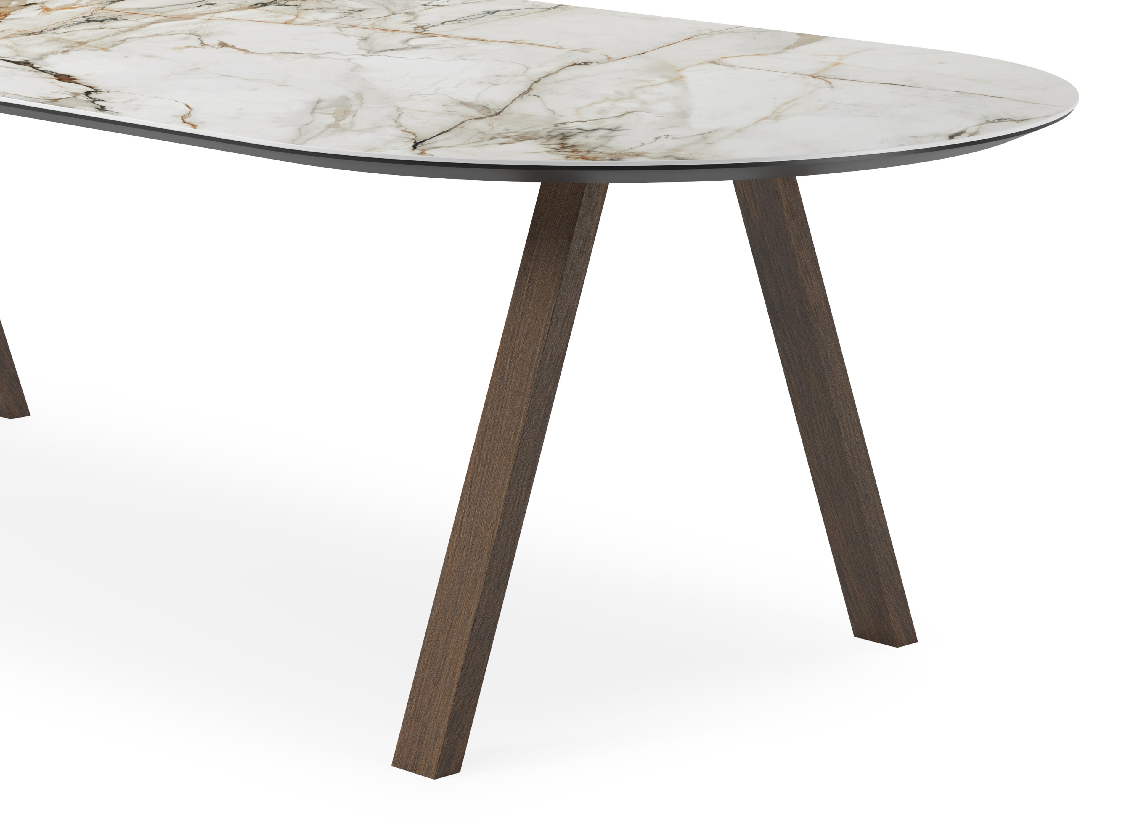 Eettafel Tiendo onderstel in gerookte eik met plat ovaal volkeramisch Ceramo blad in kleur Calacatta Luxe 300 x 120 x 77 cm