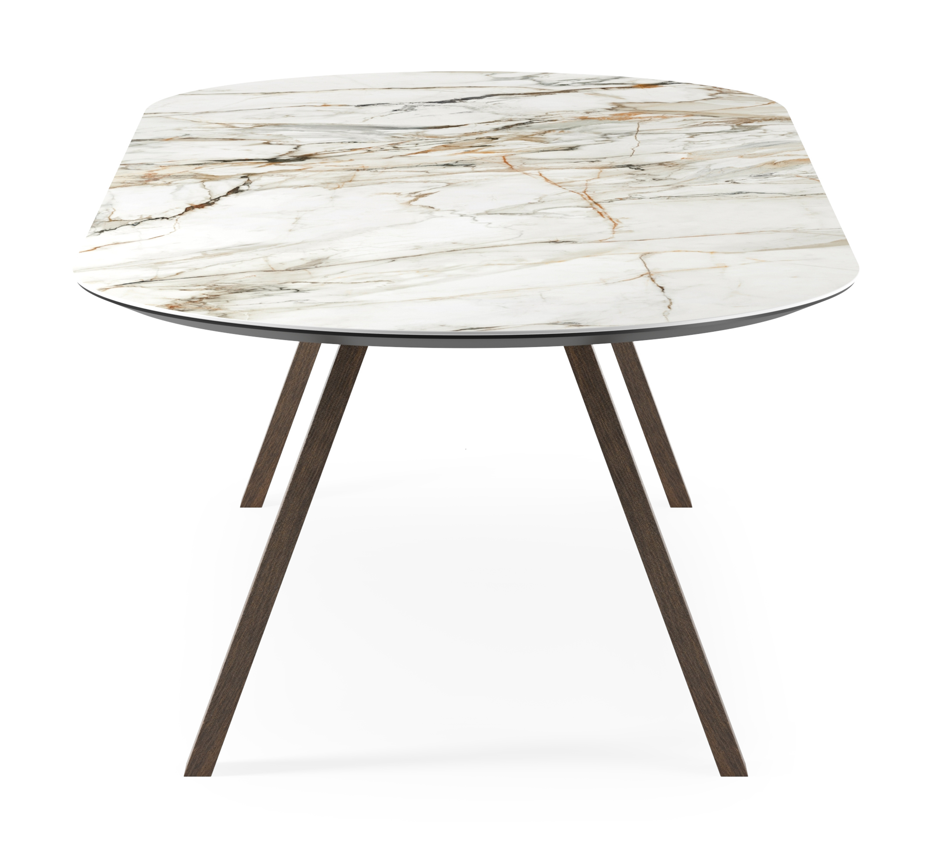 Eettafel Tiendo onderstel in gerookte eik met plat ovaal volkeramisch Ceramo blad in kleur Calacatta Luxe 300 x 120 x 77 cm