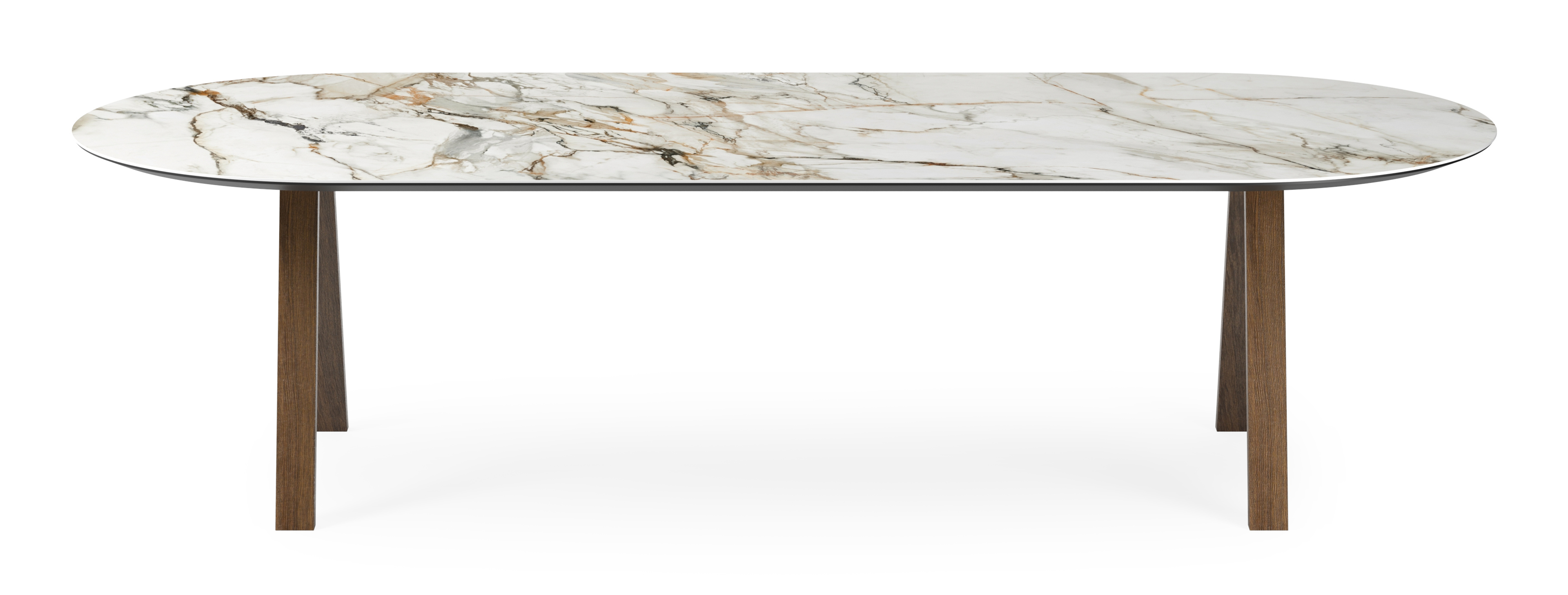 Eettafel Tiendo onderstel in gerookte eik met plat ovaal volkeramisch Ceramo blad in kleur Calacatta Luxe 300 x 120 x 77 cm