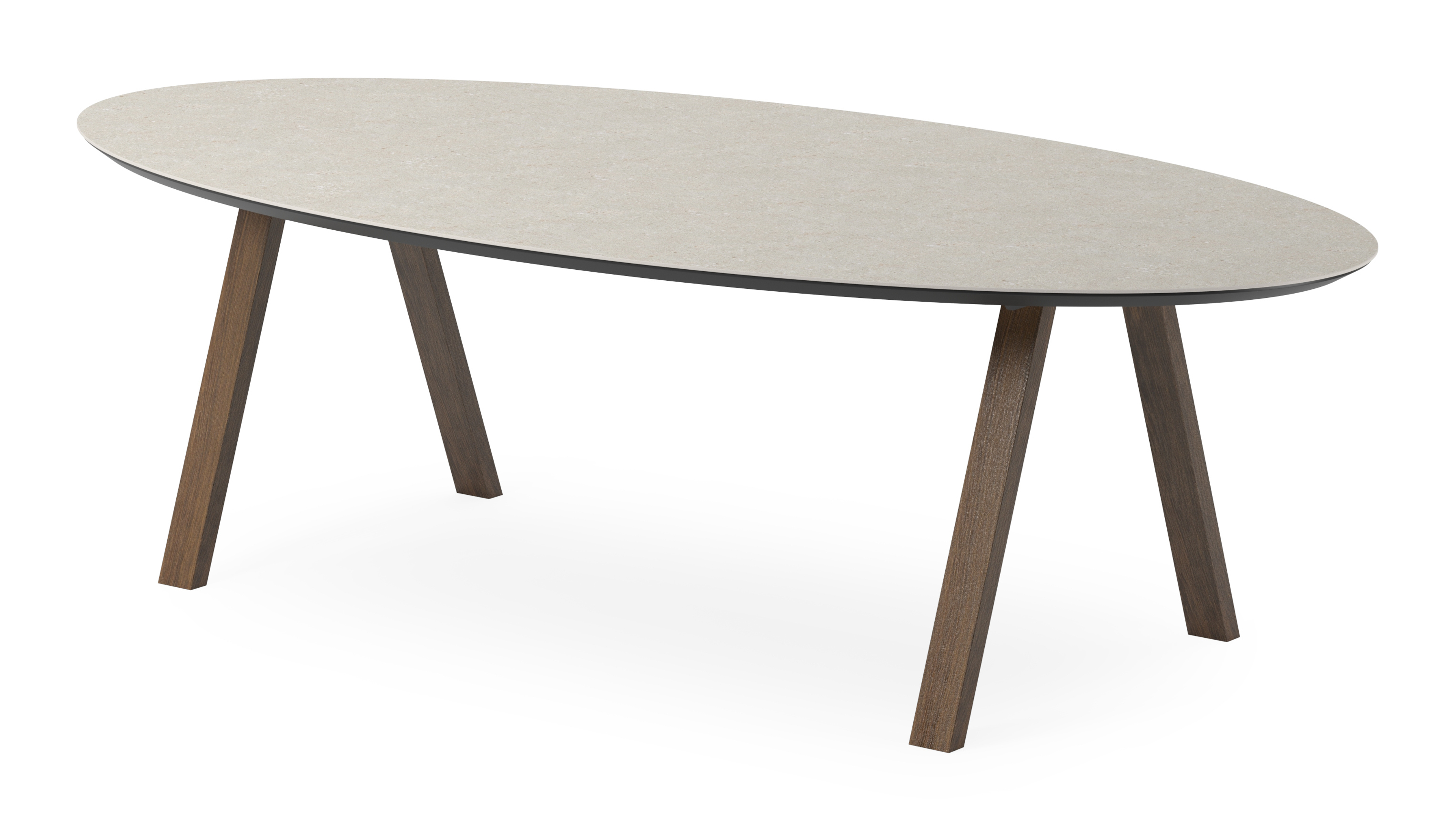 Eettafel Tiendo onderstel in gerookte eik met ovaal volkeramisch Ceramo blad in kleur Shilin 260 x 130 x 77 cm