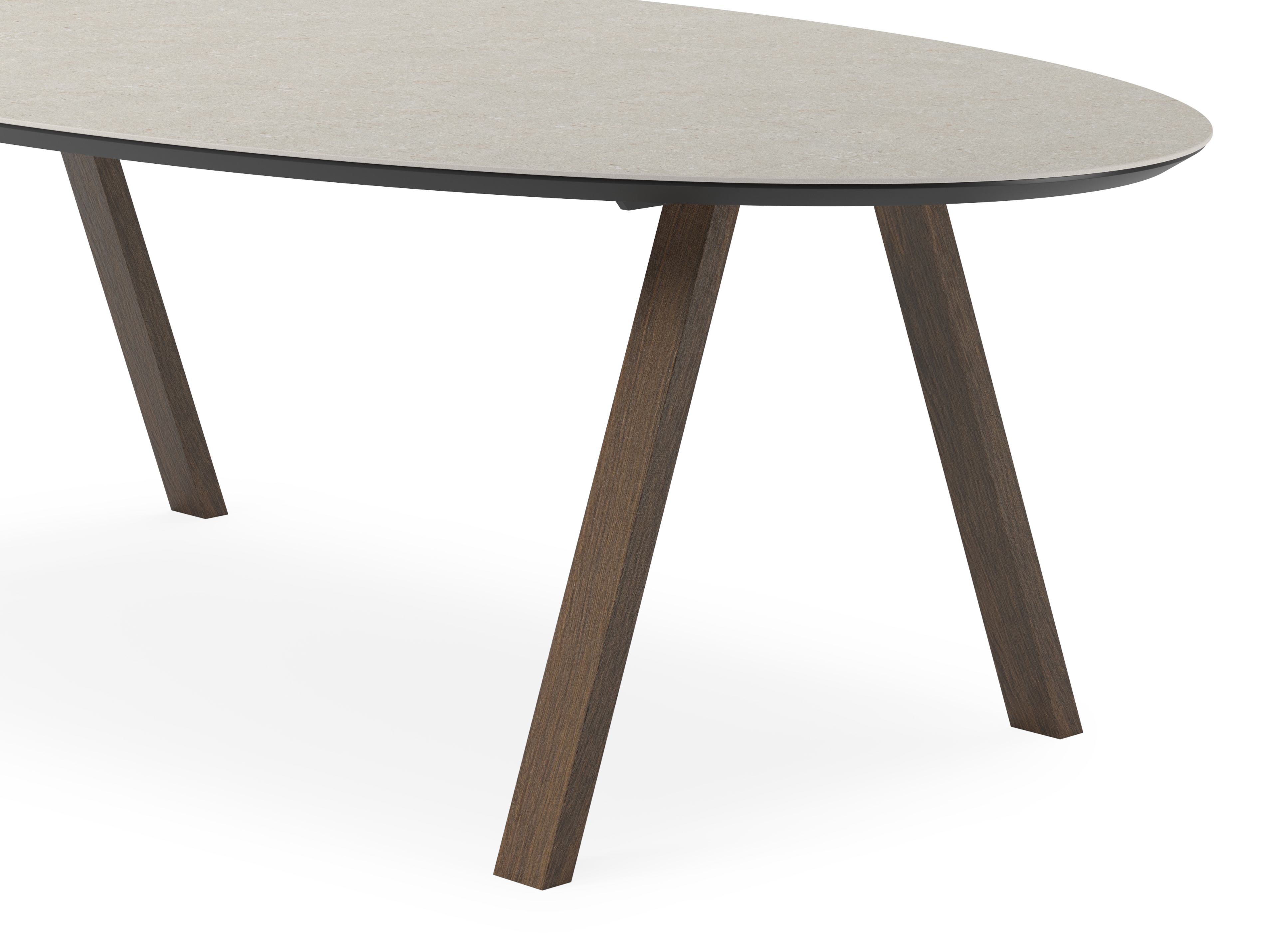 Eettafel Tiendo onderstel in gerookte eik met ovaal volkeramisch Ceramo blad in kleur Shilin 260 x 130 x 77 cm